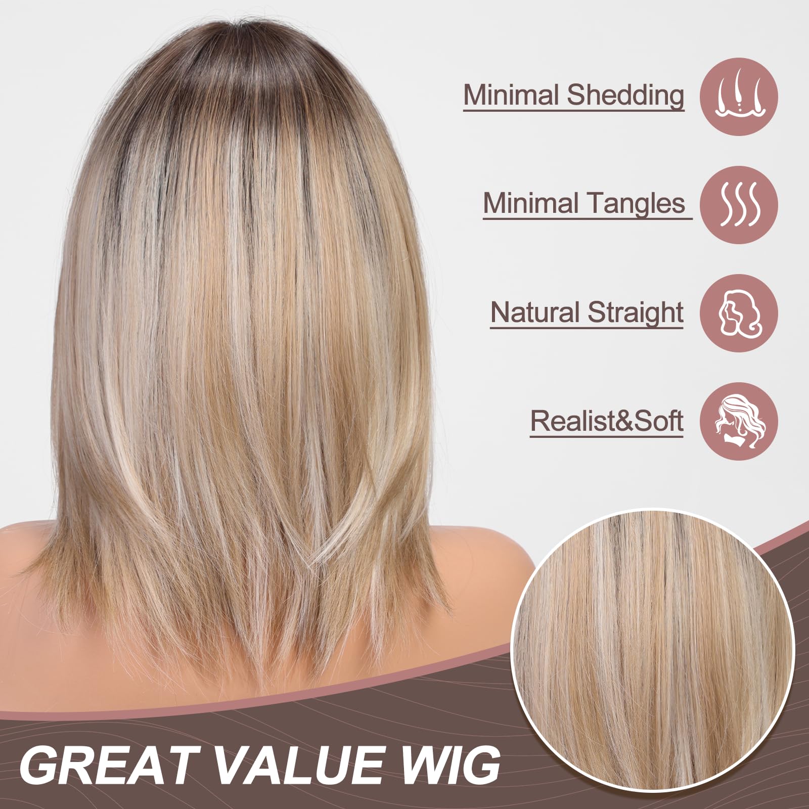 Haircube Ombre Ash Blonde Wigs For Woemn Light Blonde Straight Wig With Curtain Bangs Shoulder Length Natural Synthetic Wig For