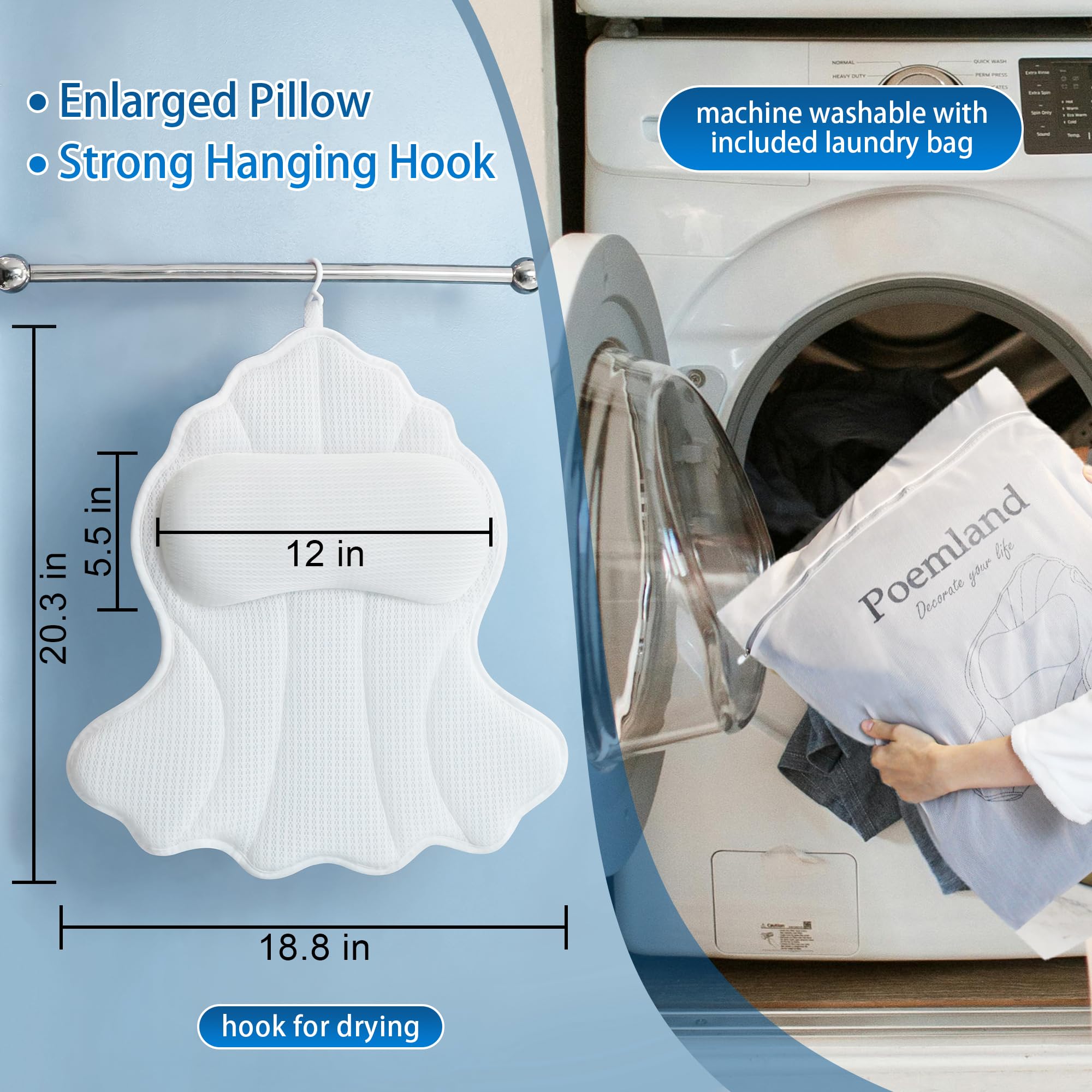 Poemland Bath Pillow For Tub, Luxury Bath Pillow Soft 4D Mesh, Bathtub Pillow For Soaking Tub With 6 Suctions Cups, Bath Tub Pil