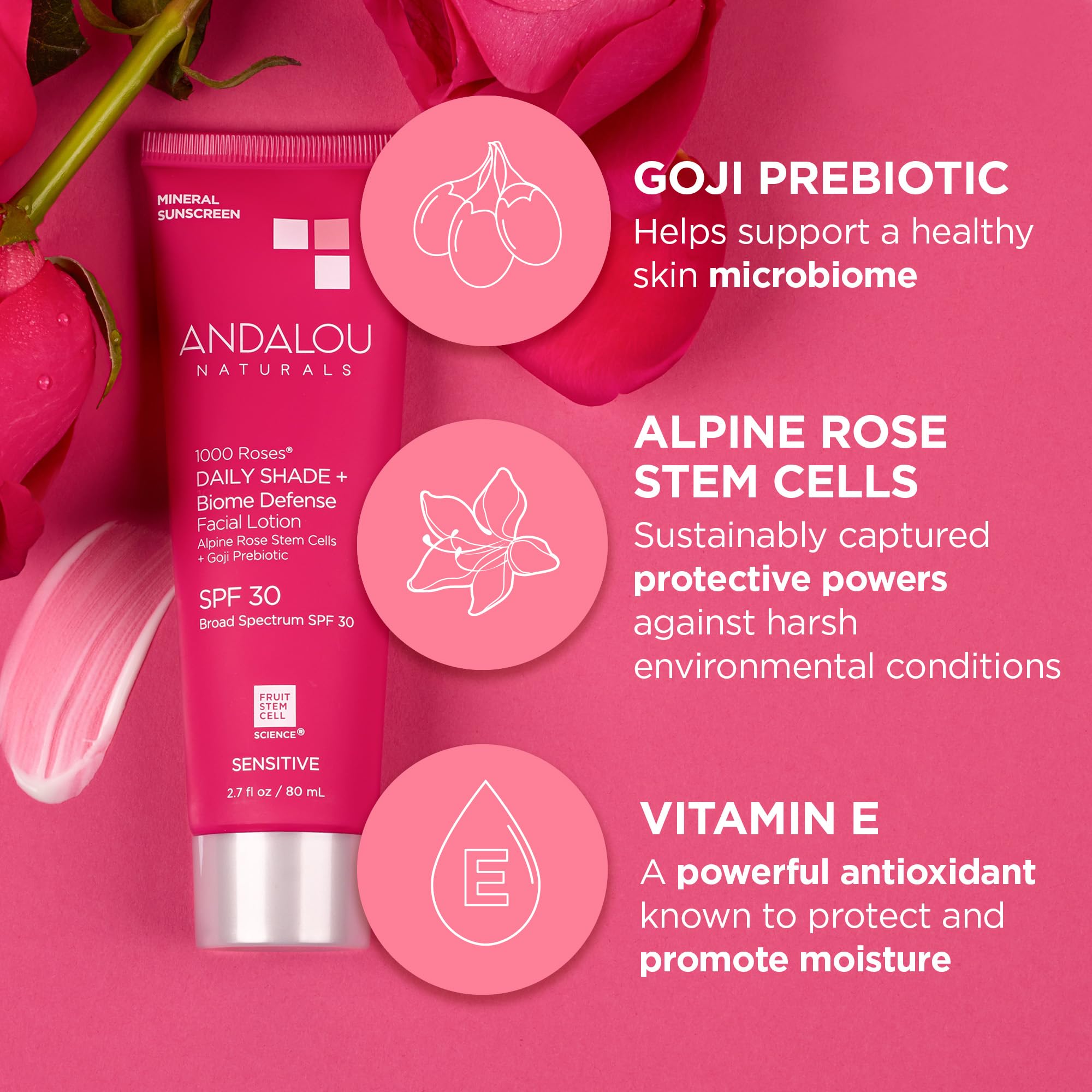 Andalou Naturals Daily Shade Face Sunscreen, 1000 Roses, Spf 30 Mineral Sunscreen With Zinc Oxide, Skin Barrier Defense + Broad