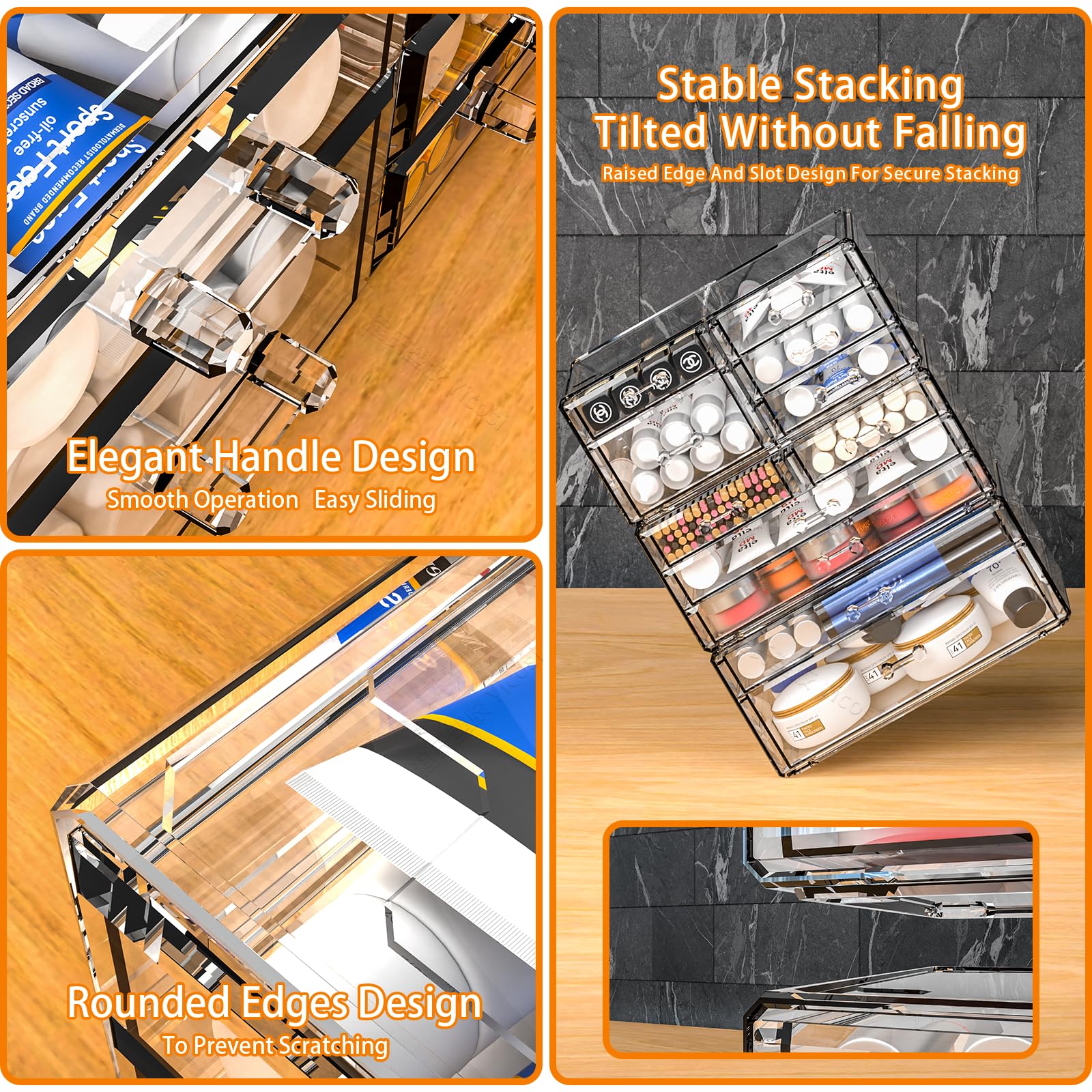 SuoXing 2 Pack Acrylic Counter Makeup Organizer for Vanity,Stackable 6 Drawers Make Up Organizers for Jewelry,Hair Accessory,Bea