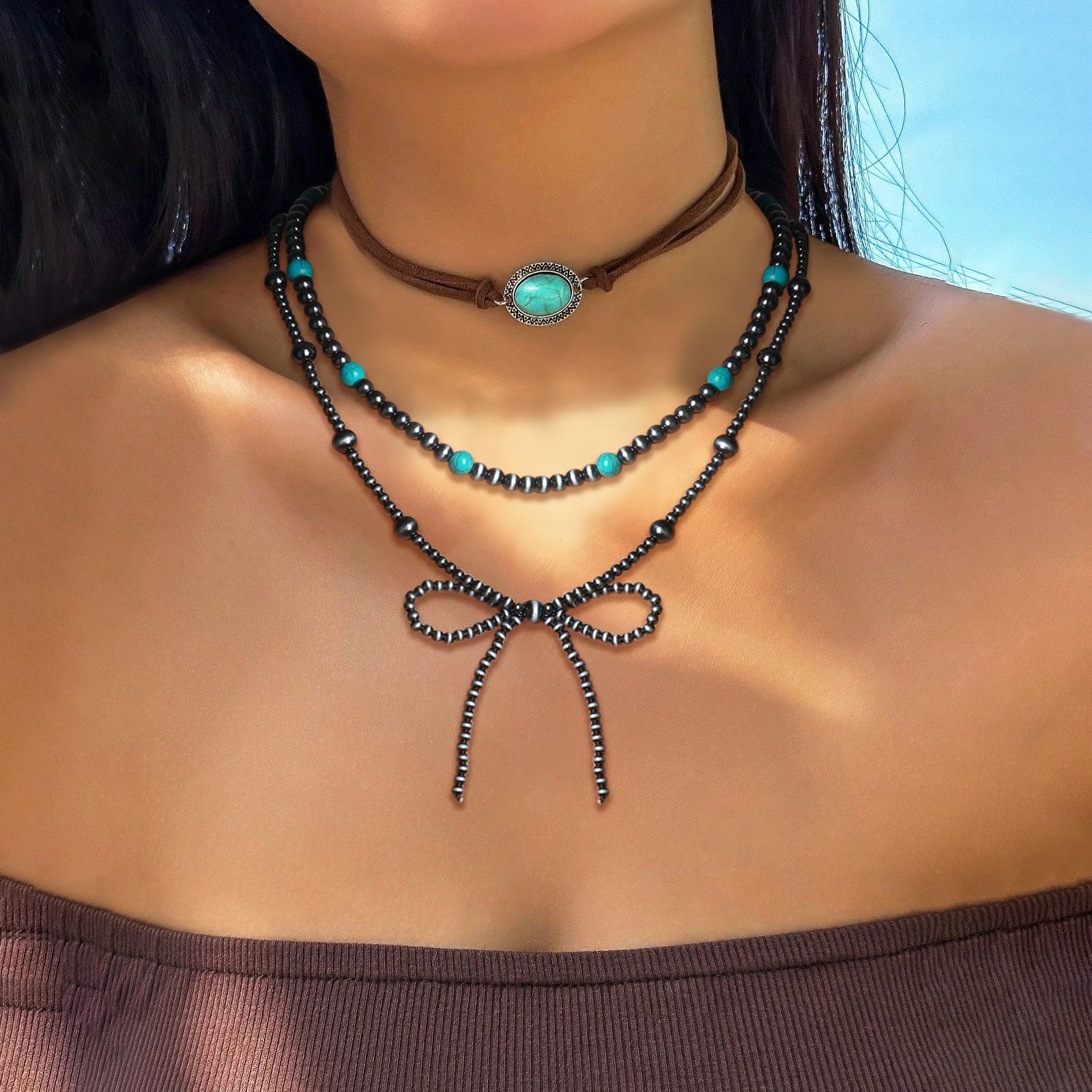 Navajo Pearl Bow Necklace Western Jewelry for Women Cowgirl Turquoise Necklaces Jewelry(3)