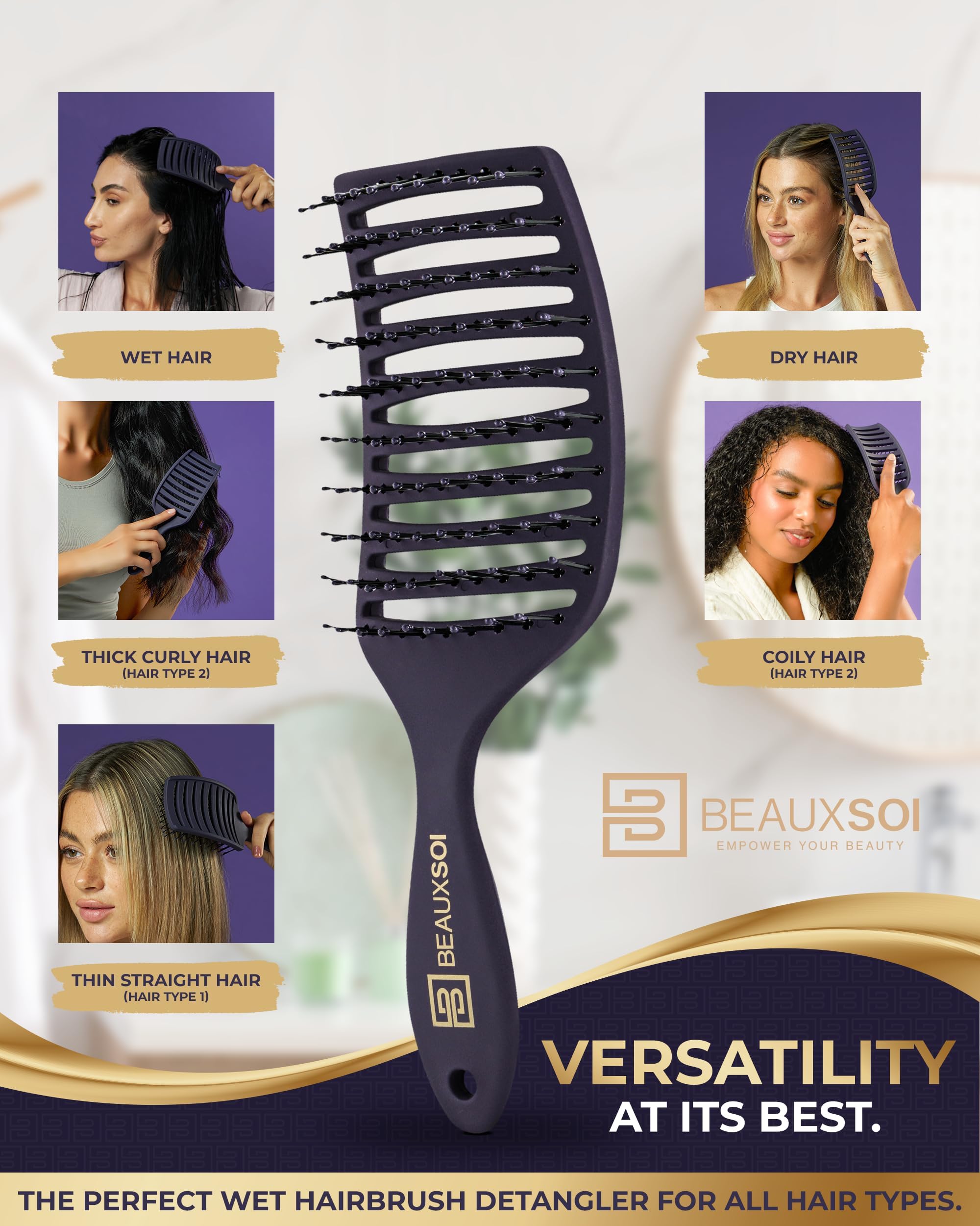 Beauxsoi Vented Brush For Blow Drying, Shower & Thick, Coily Or Straight Hair | Detangling Brush With Curved Vents & Wide Frame