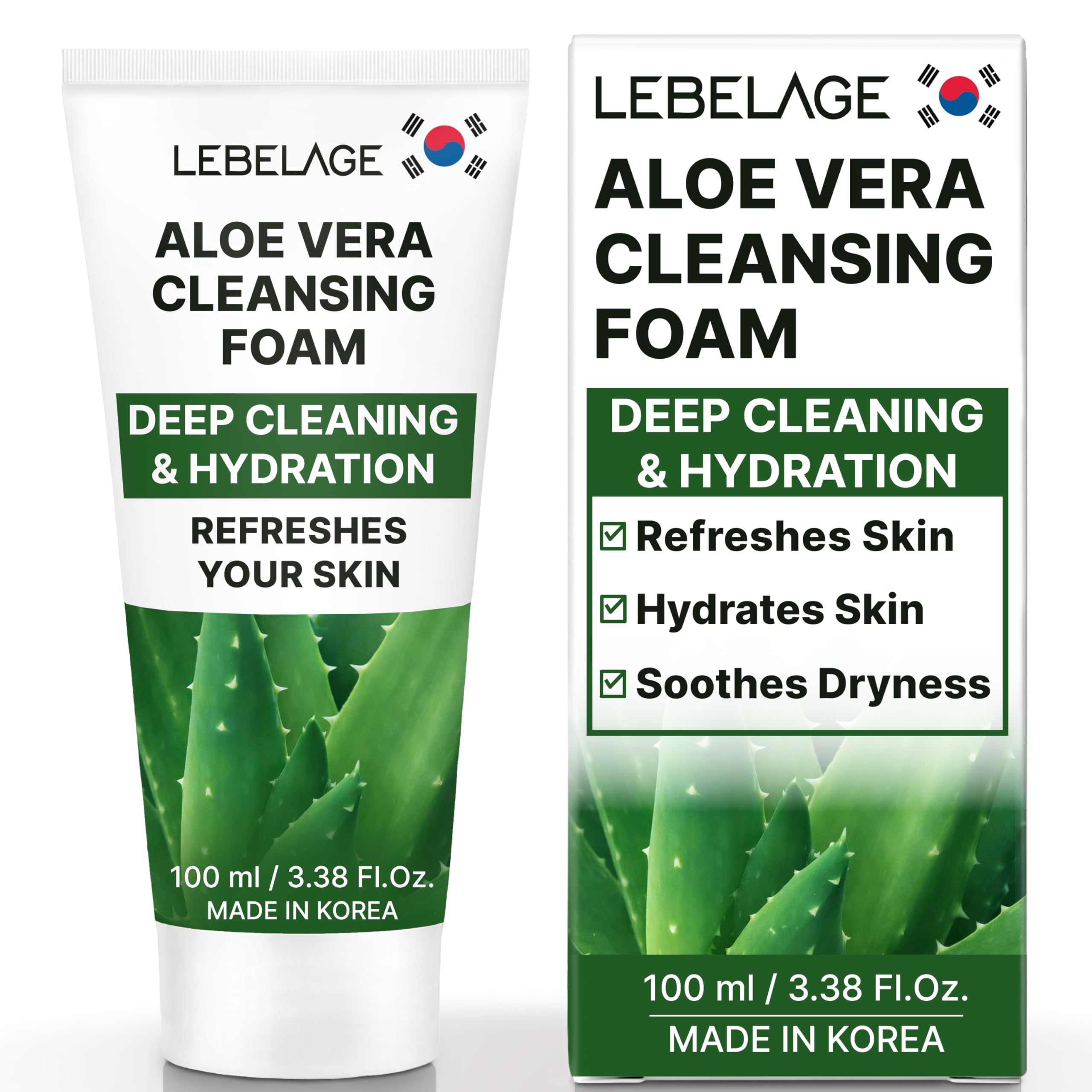 LEBELAGE Korean Aloe Vera Facial Cleanser 3.38 oz | Cleansing Foam Face Wash | Low pH Gentle Hydrating Daily Facial Cleanser Sen