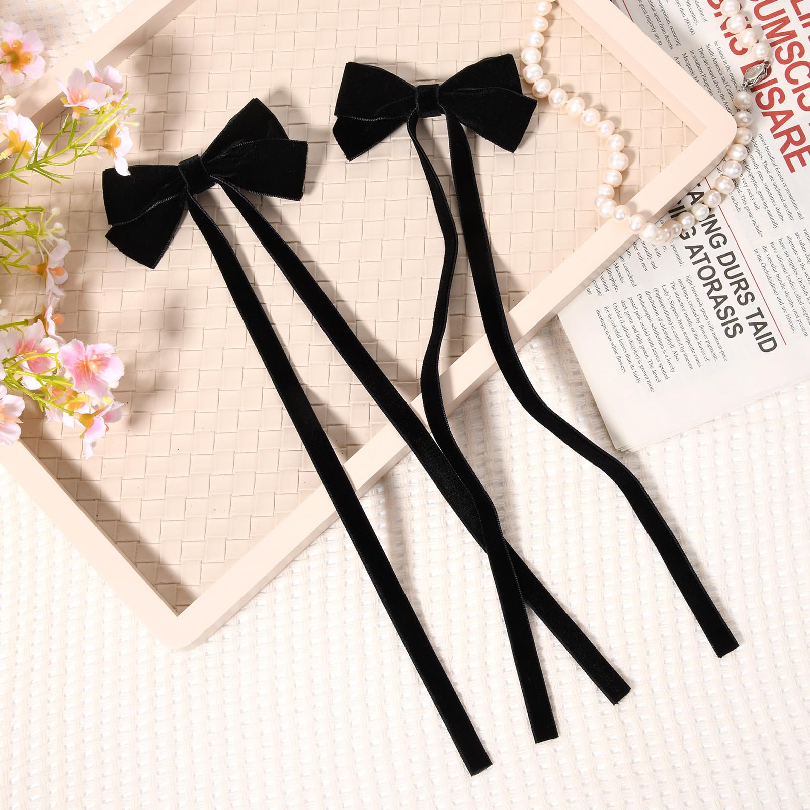 2Pcs Velvet Hair Bows Ribbon Hair Clip Black Ponytail Holder Accessories Slides Metal Clips Hair Bow For Women Girls Toddlers Te