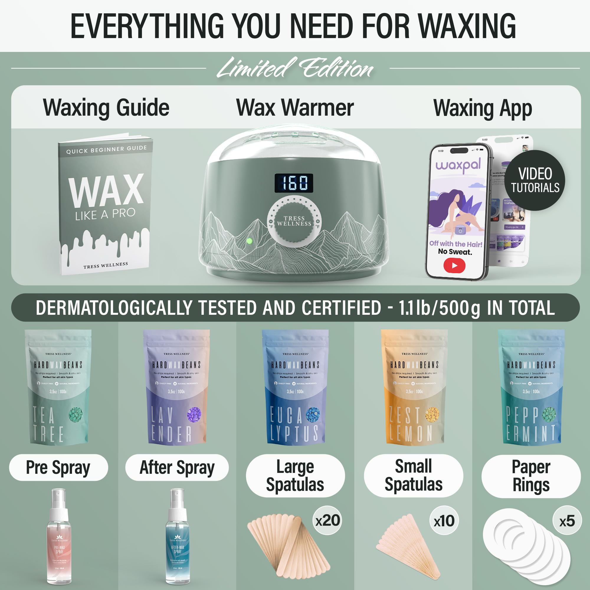 Tress Wellness Waxing Kit For Brazilian Wax - Easy To Use - For Sensitive Skin - Digital Display, Green Mountain