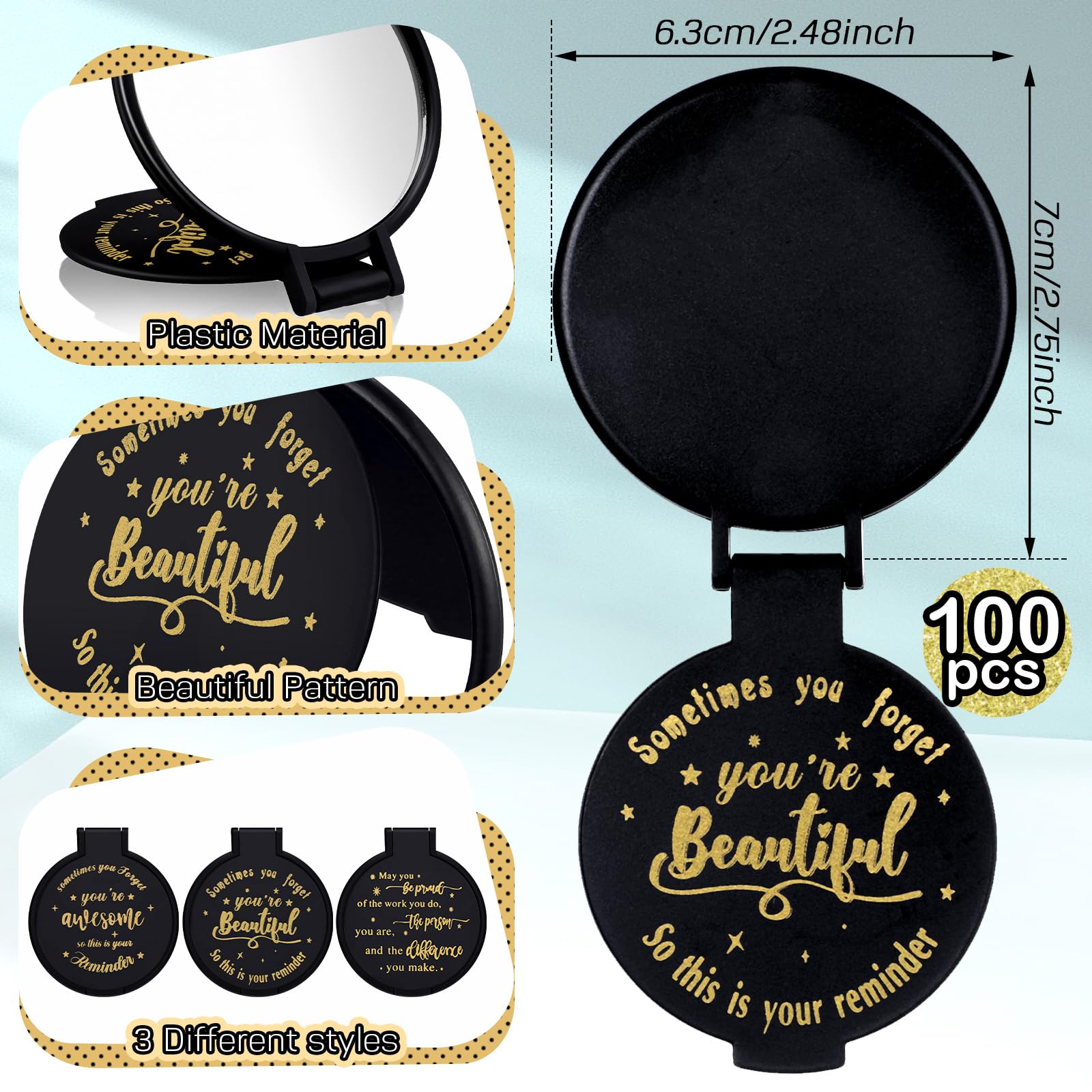 Wenqik 100 Pcs Compact Mirror Bulk Black Gifts For Women Valentine Small Inspirational Pocket Purse Handheld Mirror Portable Rou