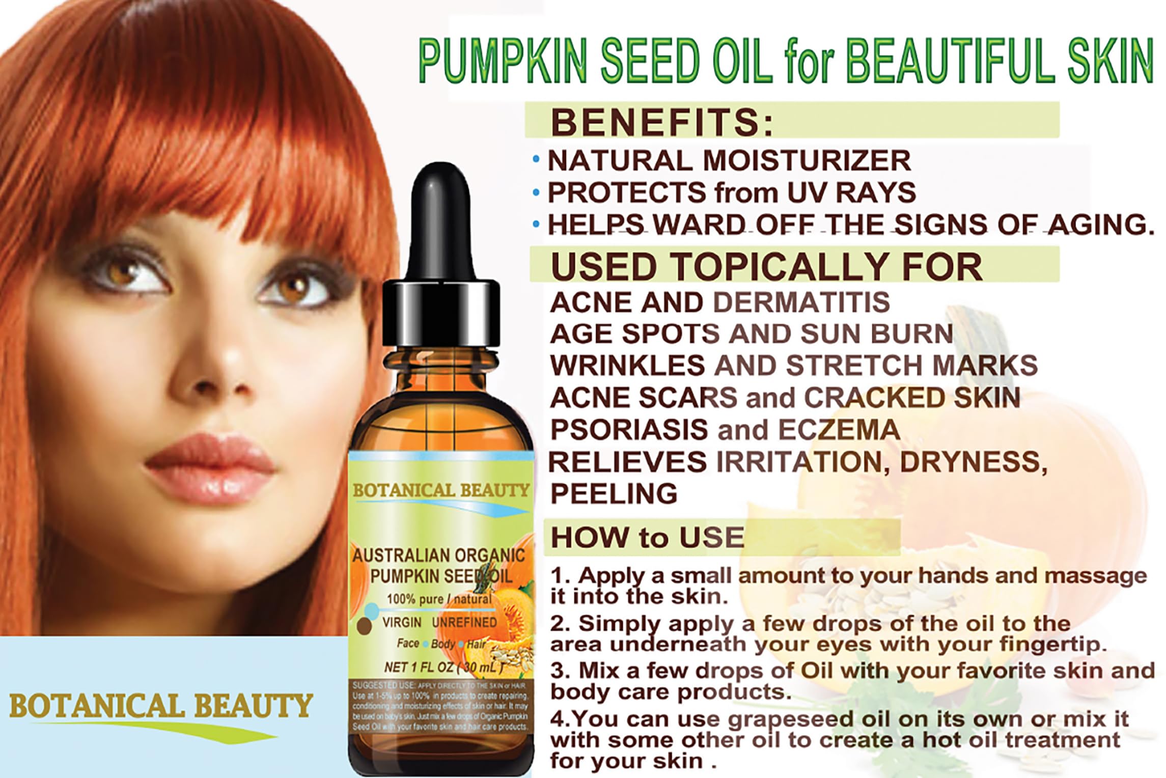 Organic Pumpkin Seed Oil Australian. 100% Pure/Natural/Undiluted/Unrefined Cold Pressed Carrier Oil. 1 Fl.Oz.- 30 Ml. For Skin,