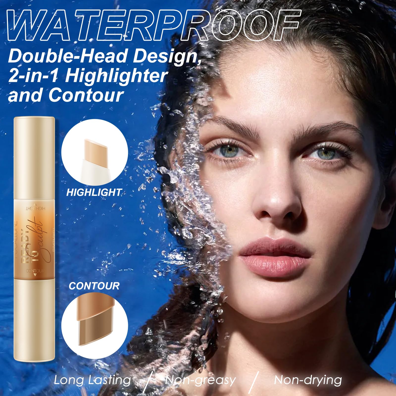 Focallure 2 In 1 Cream Bronzer And Highlighter Stick,Non-Greasy & Non-Drying Contour Pencil,Easy To Create A Natural Matte Finis