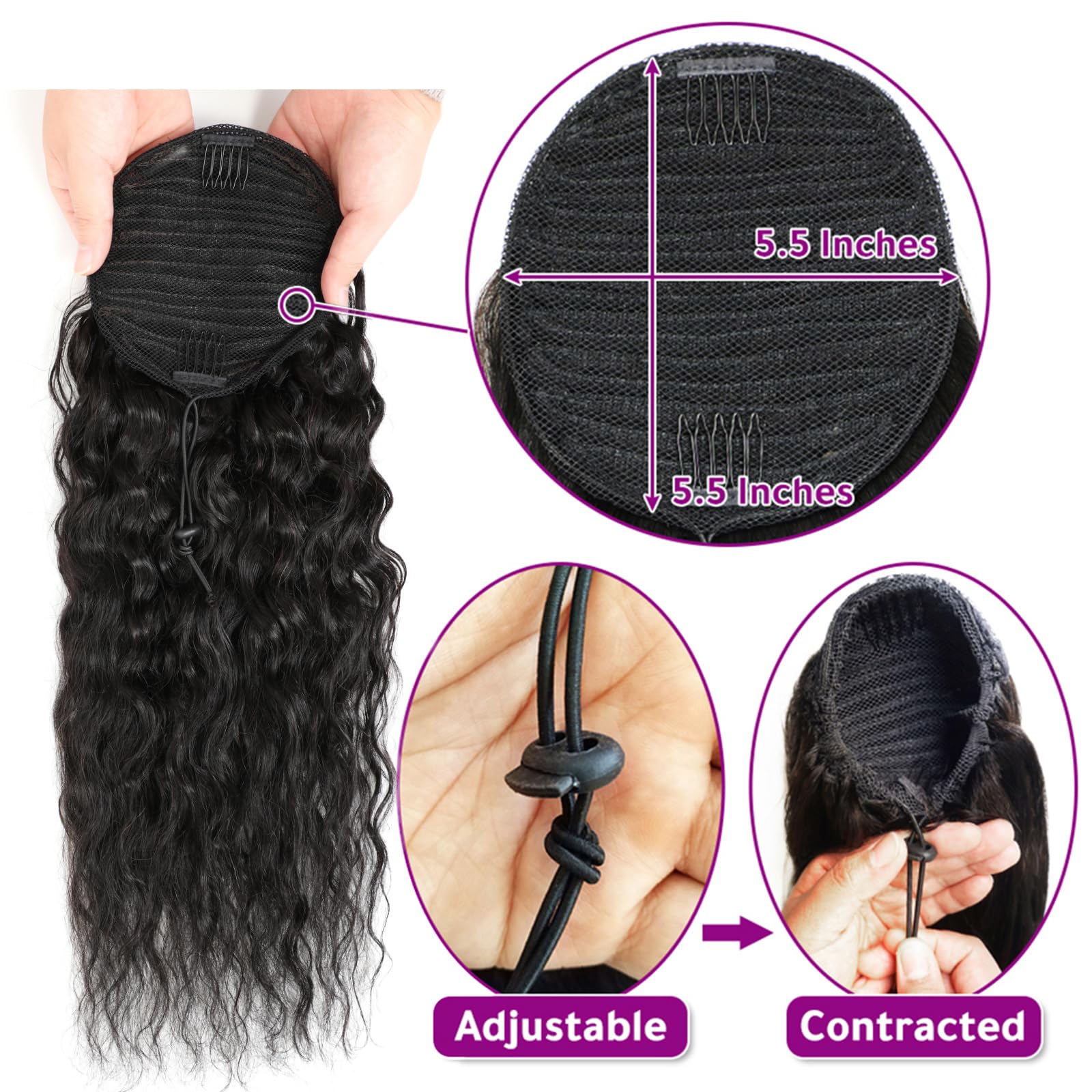 Human Hair Ponytail Extensions Straight/Curly/Kinky Straight, Color 1B, Ombre 1B/30, Drawstring/Wrap Around Ponytails (24 Inch (