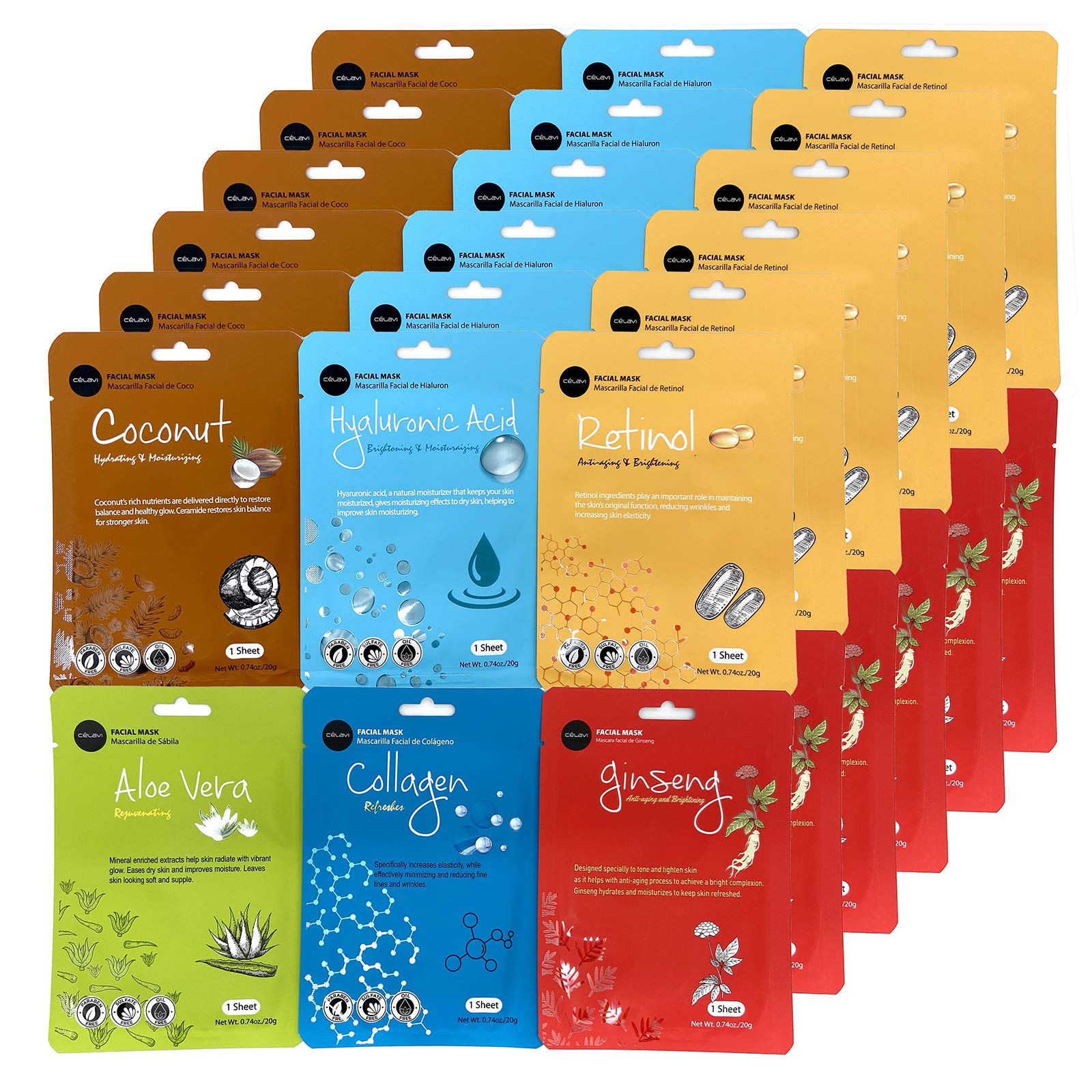 Celavi Essence Facial Face Mask Paper Sheet Korea Skin Care Moisturizing 6 packs for each 6 flavors (New C) KBeauty Skincare 36