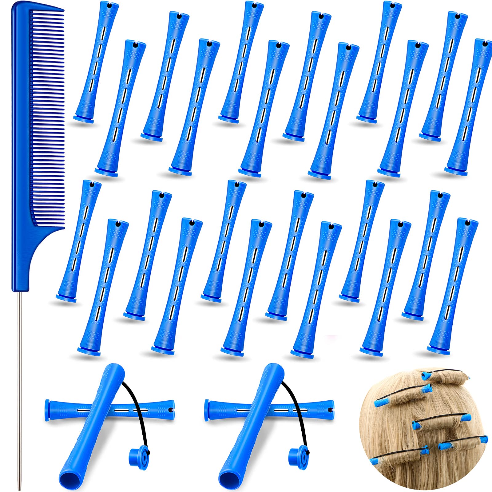 24 Pieces Hair Perm Rods Cold Wave Rods Plastic Perming Rods Curlers Hair Rollers with Steel Pintail Comb Rat Tail Comb Tools fo