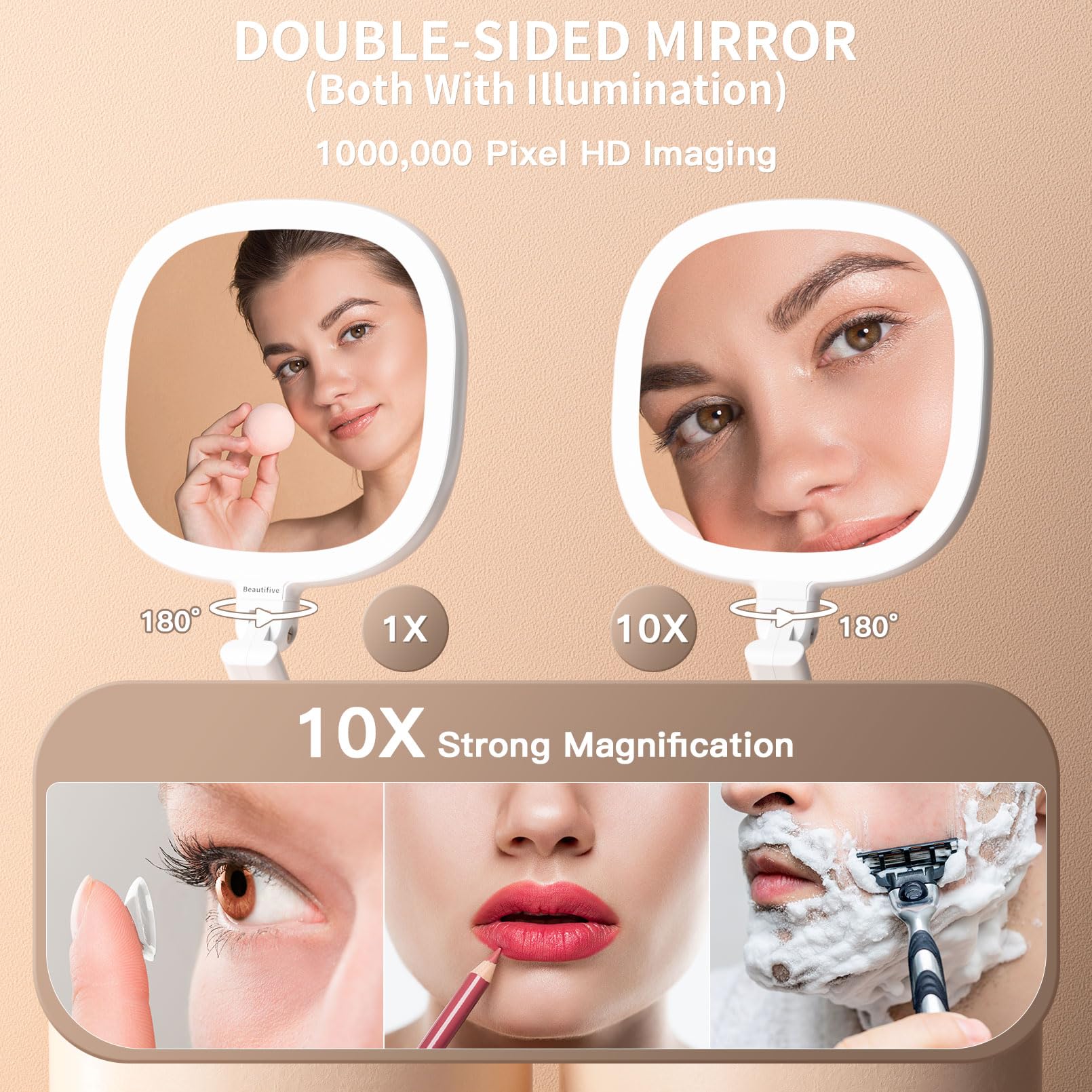Lighted Makeup Mirror, Beautifive Vanity Mirror With Lights, Double Sided Magnifying Mirror, Brightness&Angle Adjustable, Foldin