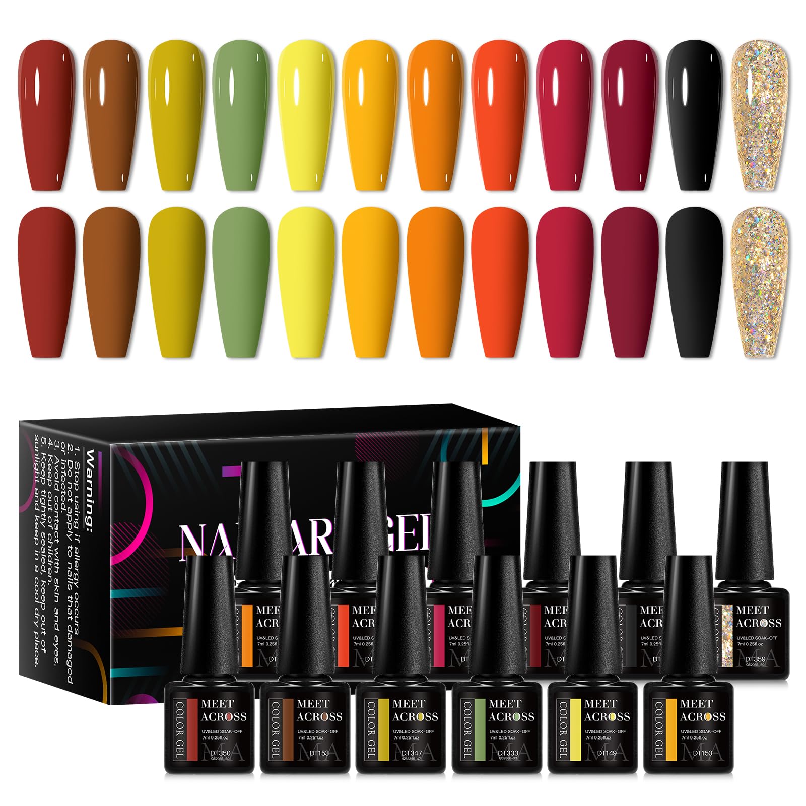 MEET ACROSS Fall Gel Nail Polish Set 12pcs Autumn Series Gel Polish Brown Red Burgundy Orange Yellow Fall Colors Nail Art Gel fo