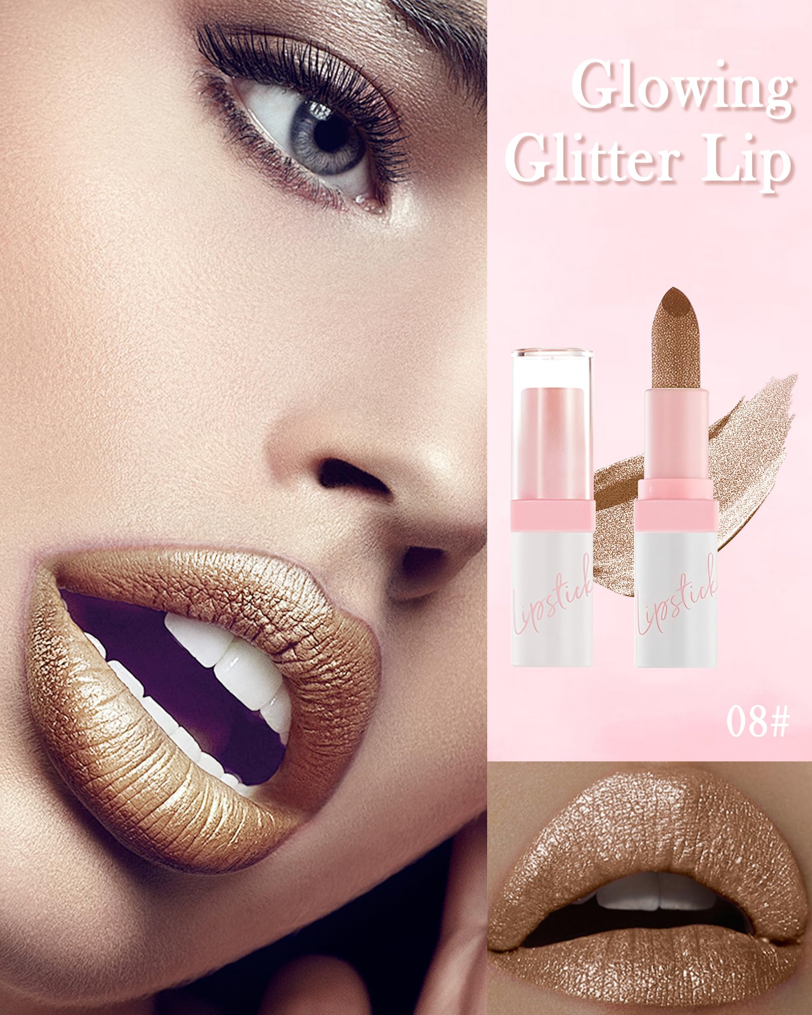Diamond Glitter Matte Lipstick,Longlasting Waterproof Metallic Bronze Lip Gloss Lipgloss,Gold Brown Sparkling High Pigment Non-S
