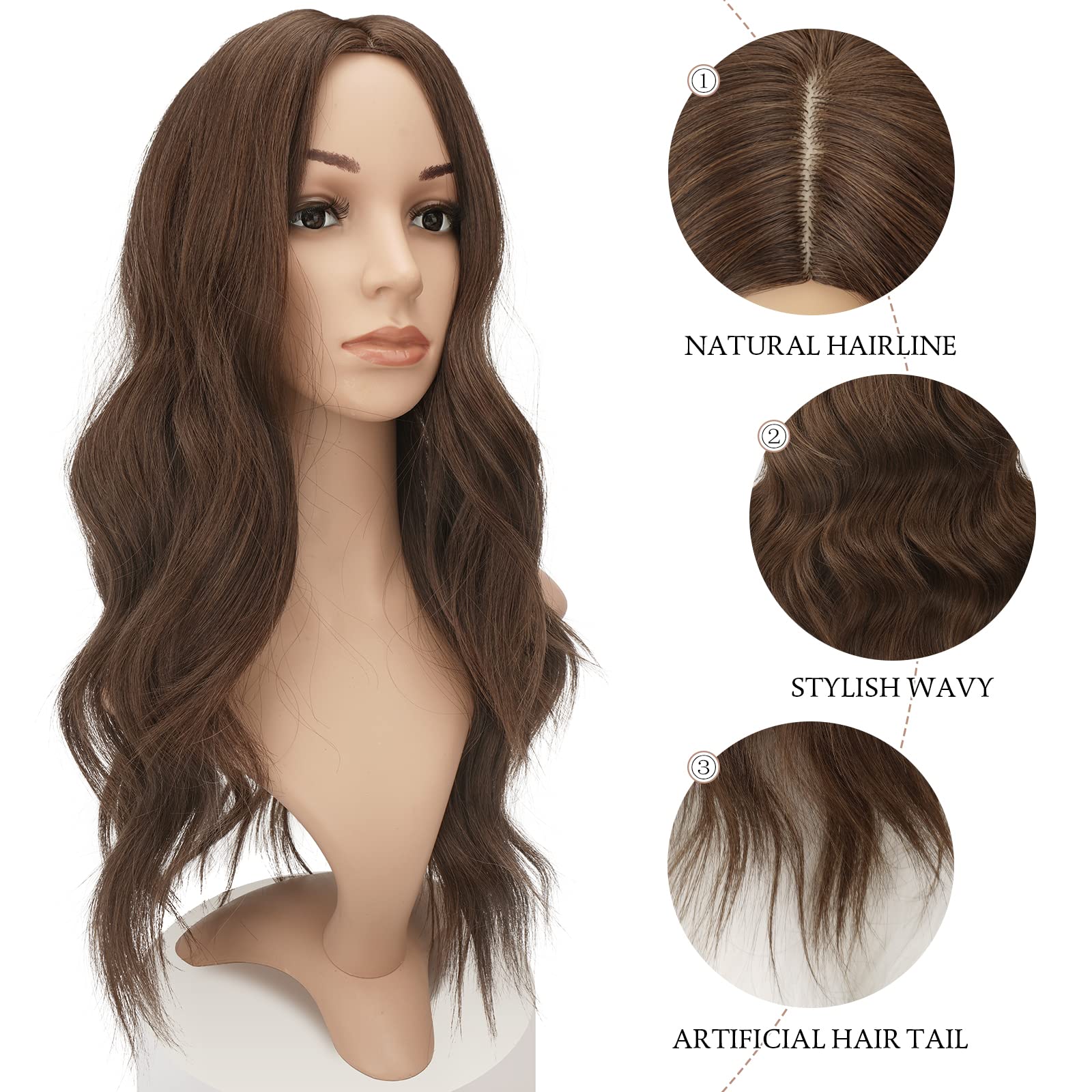 Feshfen Long Brown Wigs For Women 22 Inch Brown Long Wavy Full Wig Middle Parting Wigs Natural Looking Synthetic Wig For Daily P
