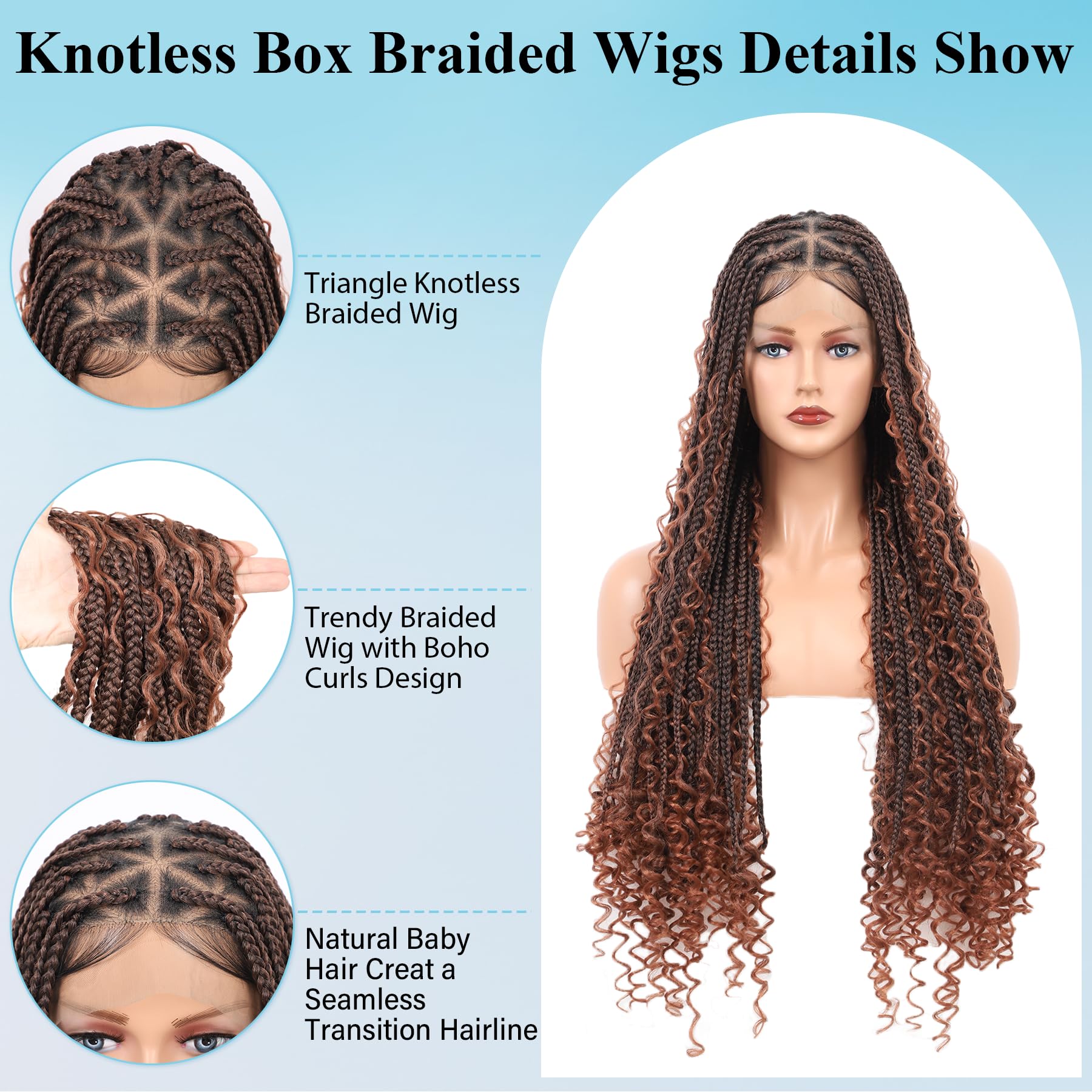 Olymei Boho Braided Wig Box Braid Wig For Women Triangle Knotless Braided Wig With Curly Hair Braided Lace Wigs Human Hair Blend