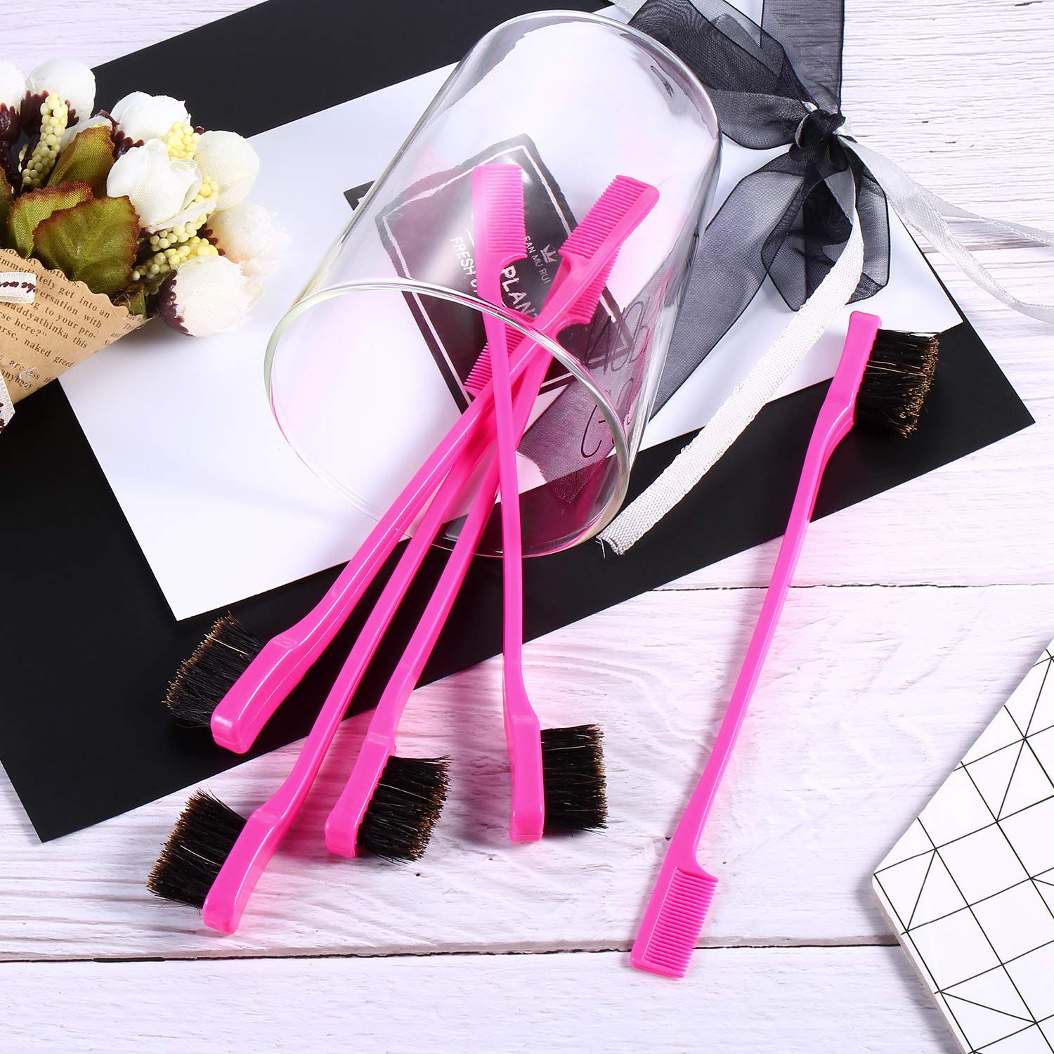 BBTO 2 In 1 Double Sided Hair Edges Brushes and Combs Combo Pack - Smooth Grooming and Edge Control (Rose and Black)