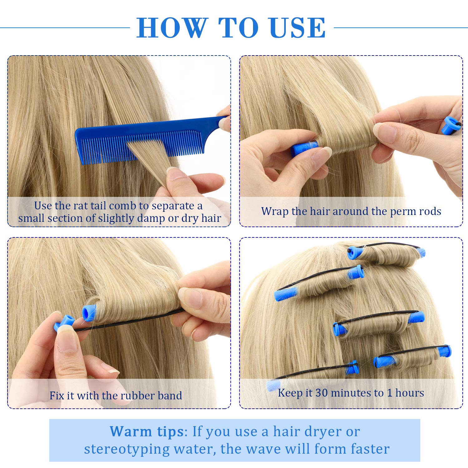 24 Pieces Hair Perm Rods Cold Wave Rods Plastic Perming Rods Curlers Hair Rollers with Steel Pintail Comb Rat Tail Comb Tools fo