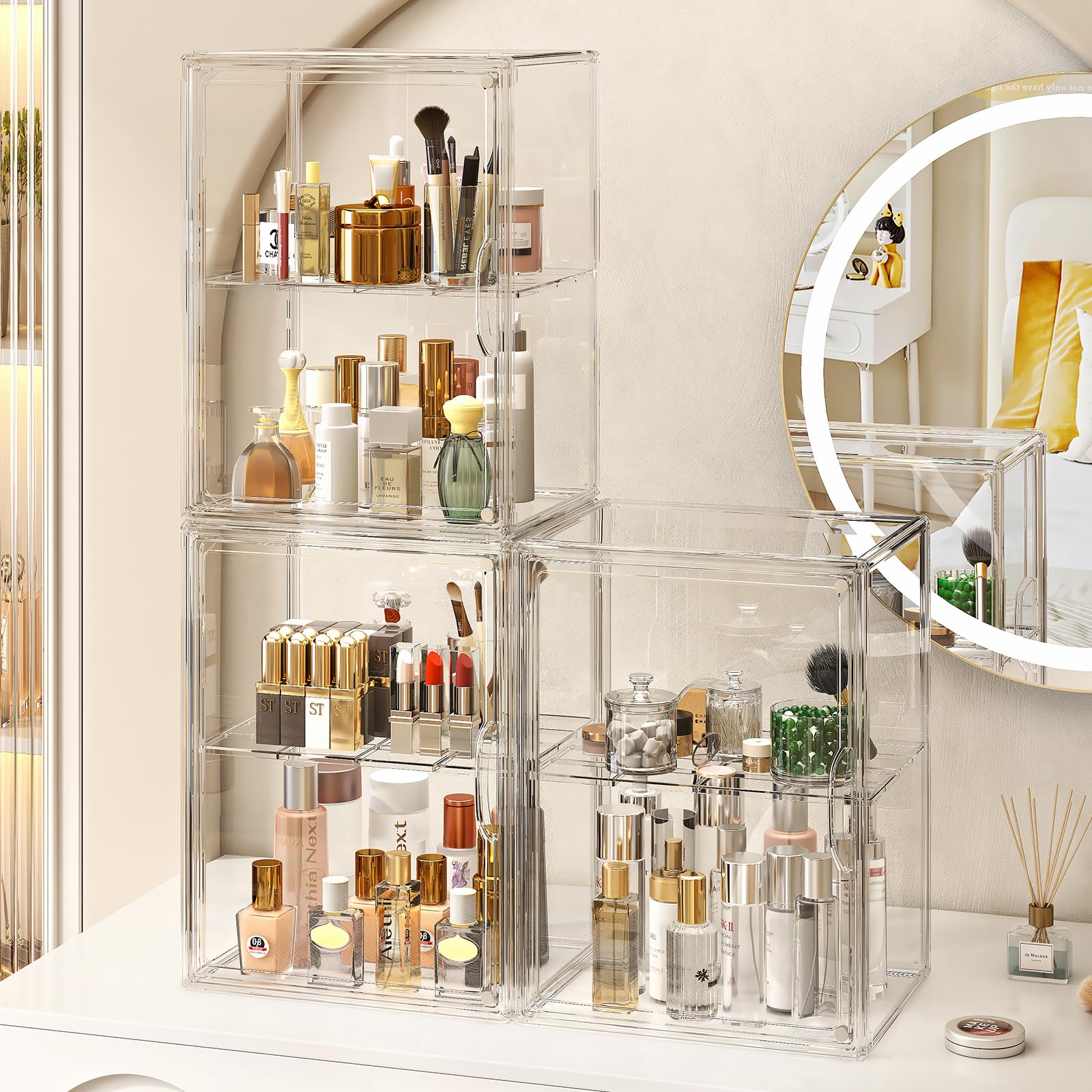 MSHOMELY Makeup Storage Organizer 3 Packs Arcylic Cosmetic Display Case, Perfume Organizer with Division Board, Bathroom Counter