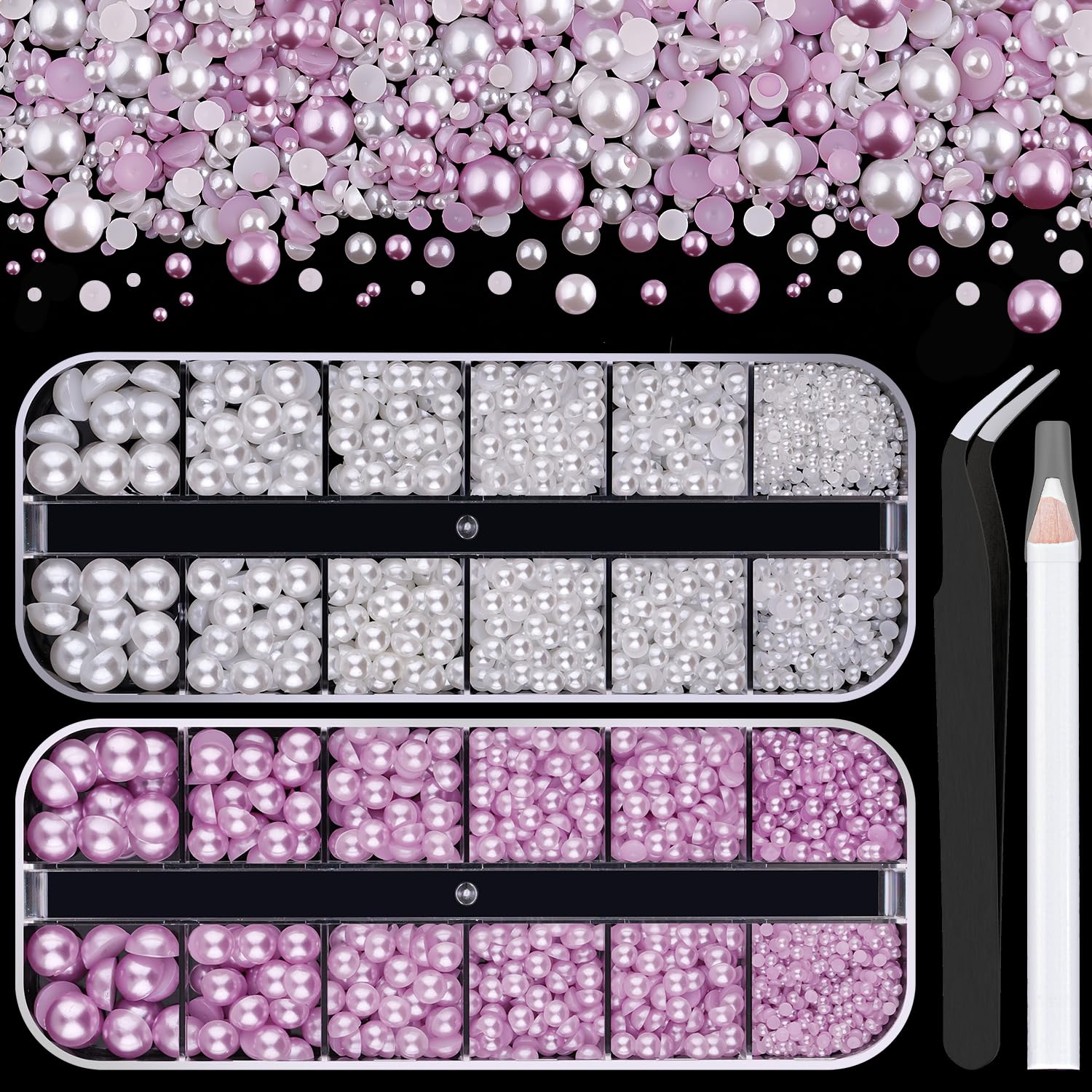 2 Boxes Flat Back Pearls Kit 2 Flatback White&Light Purple Half Round Pearls with Pencil and Tweezer 2-8mm for Face Makeup and C