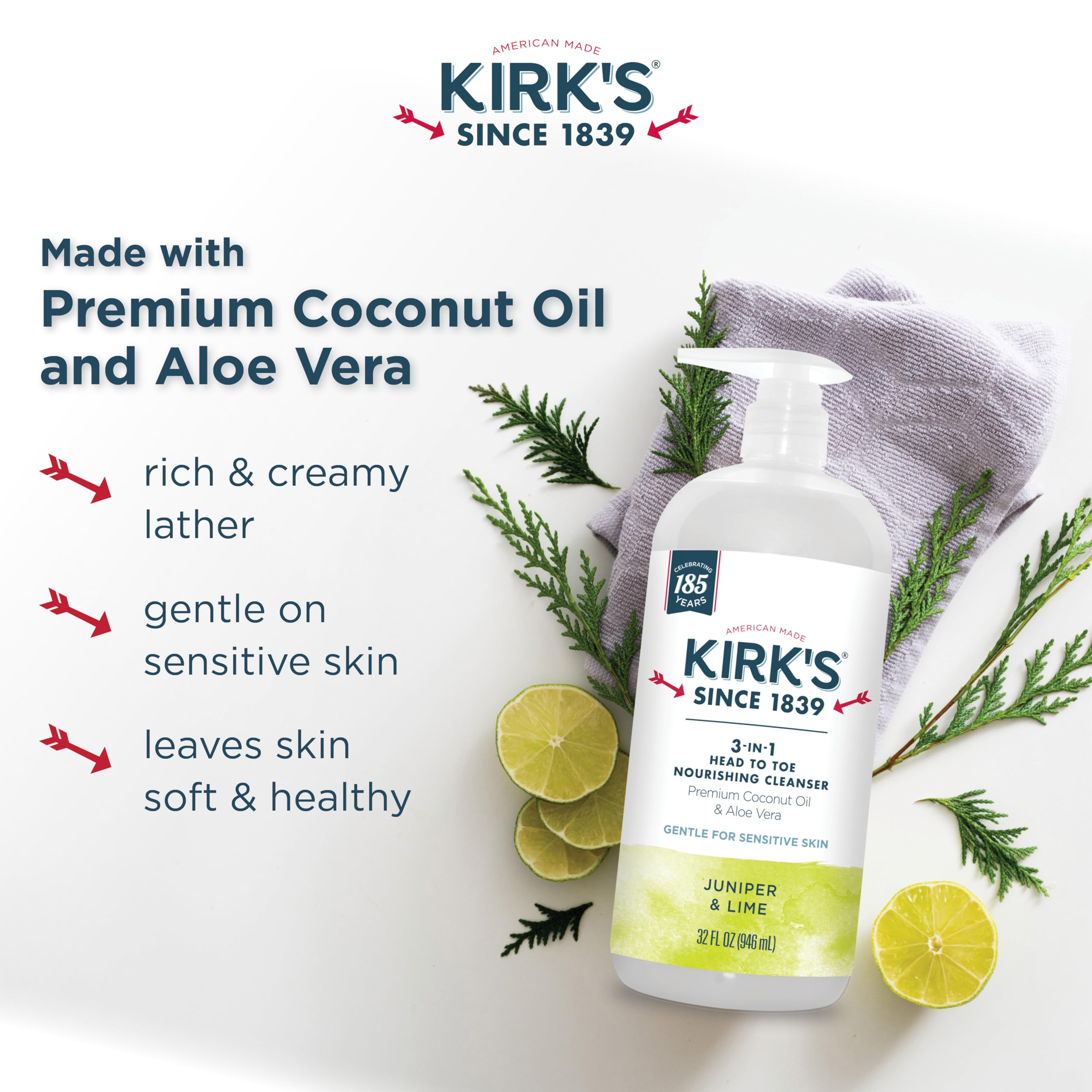 Kirks 3-In-1 Castile Liquid Soap Head-To-Toe Clean Shampoo, Face Soap & Body Wash For Men, Women & Children  Coconut Oil + Aloe