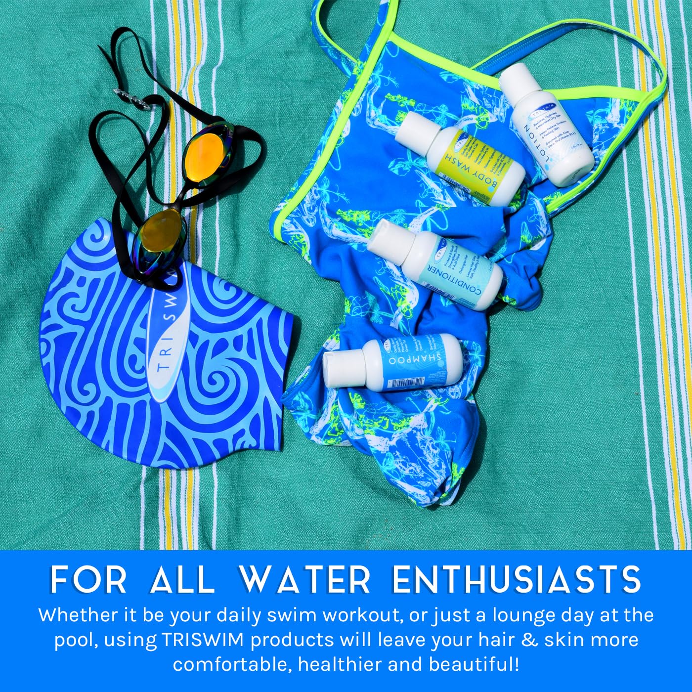 TRISWIM Shot Set Travel Set in Cosmetic Bag with Shampoo, Body Wash, Lotion, and Conditioner for Hydrated Skin and Healthy Hair
