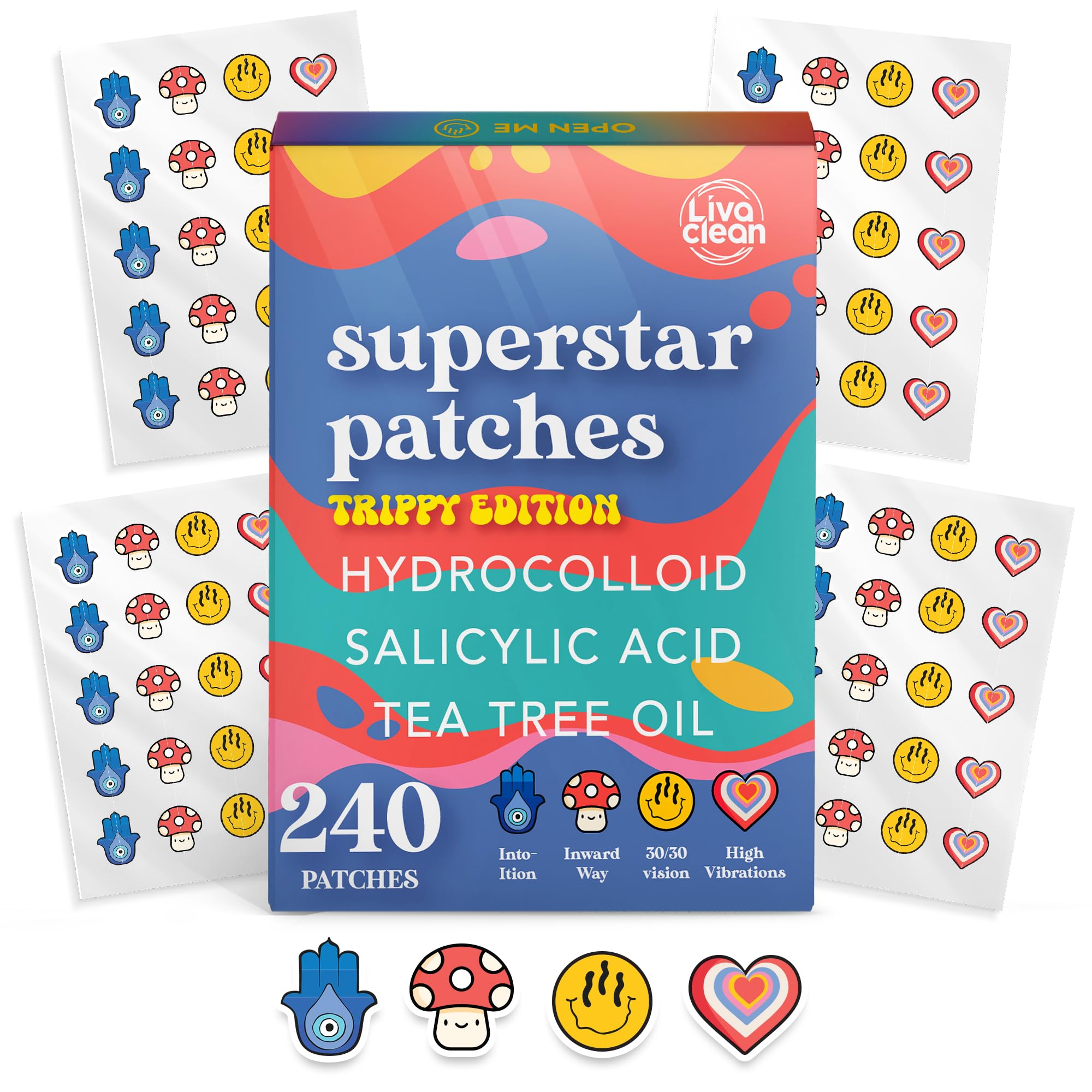 LivaClean 240 CT Superstar Cute Pimple Patches Trippy Edition w/Salicylic Acid & Tea Tree Oil - Pimple Patches Cute, Pimple Patc
