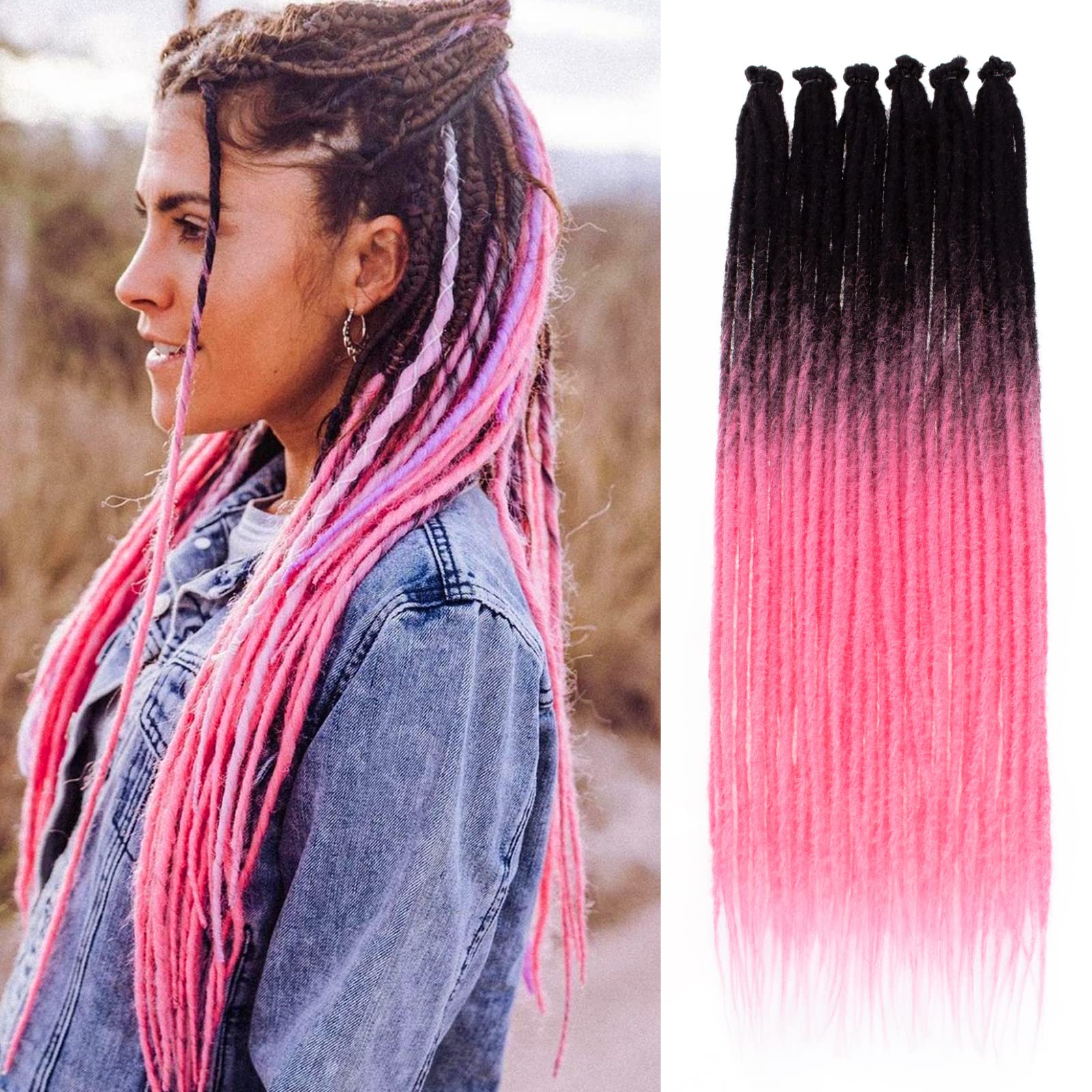Leeven Synthetic Dreadlock Extensions 40 Strands 24 Inch Single Ended Ombre Pink Crochet Dreads Extensions 0.6 cm Width Handmade