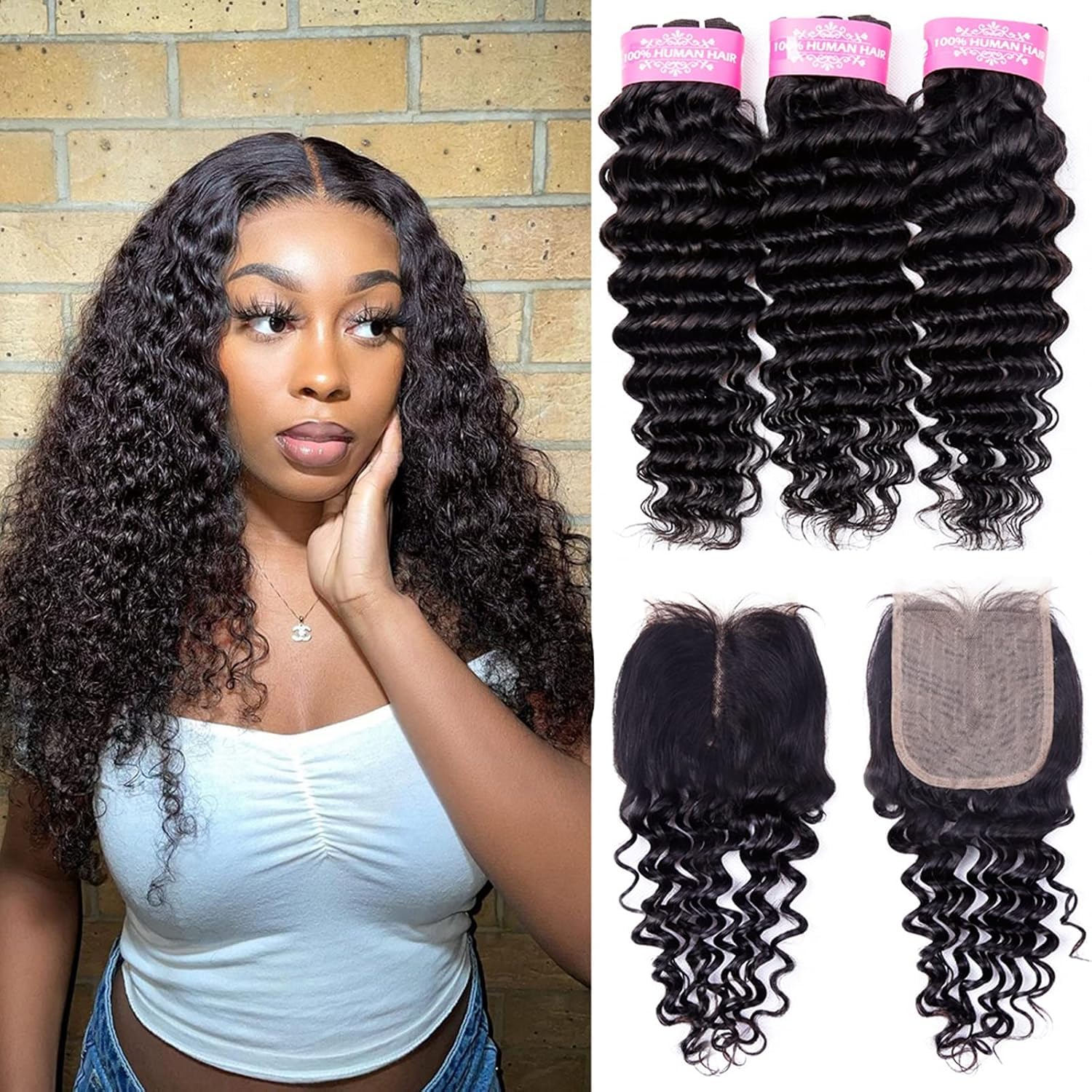 Odir Deep Wave Human Hair Bundles with Closure 10 12 14+10 Inch Unprocessed 9A Brazilian Deep Curly Wave Virgin Hair 3 Bundles w
