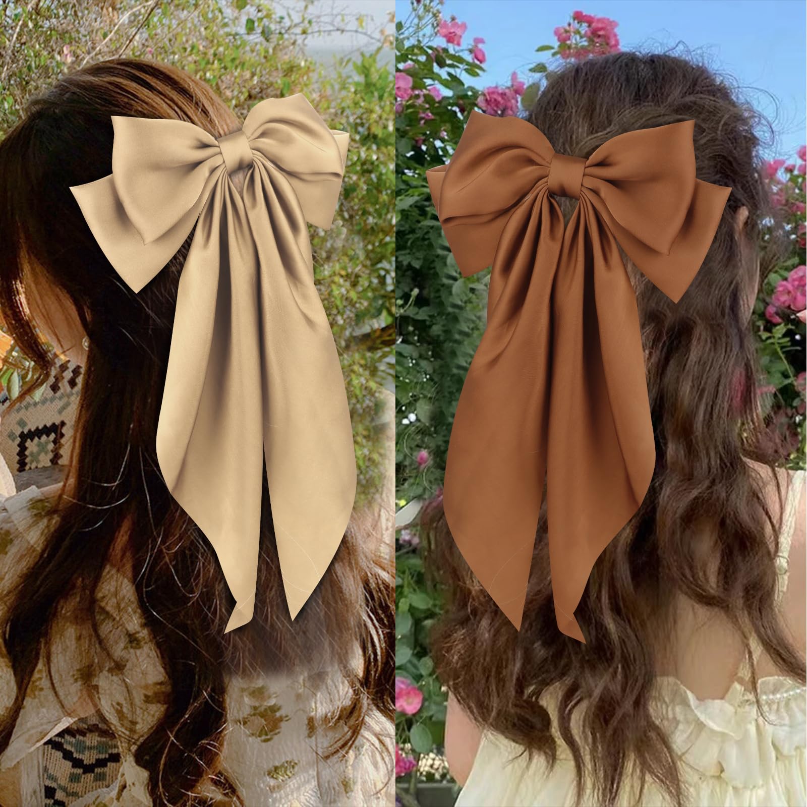 Wecoe 4Pcs Large Satin Hair Bows And Barrettes For Women - Khaki, Coffee, Grey, Black - Long Tail Hair Clips And Accessories For