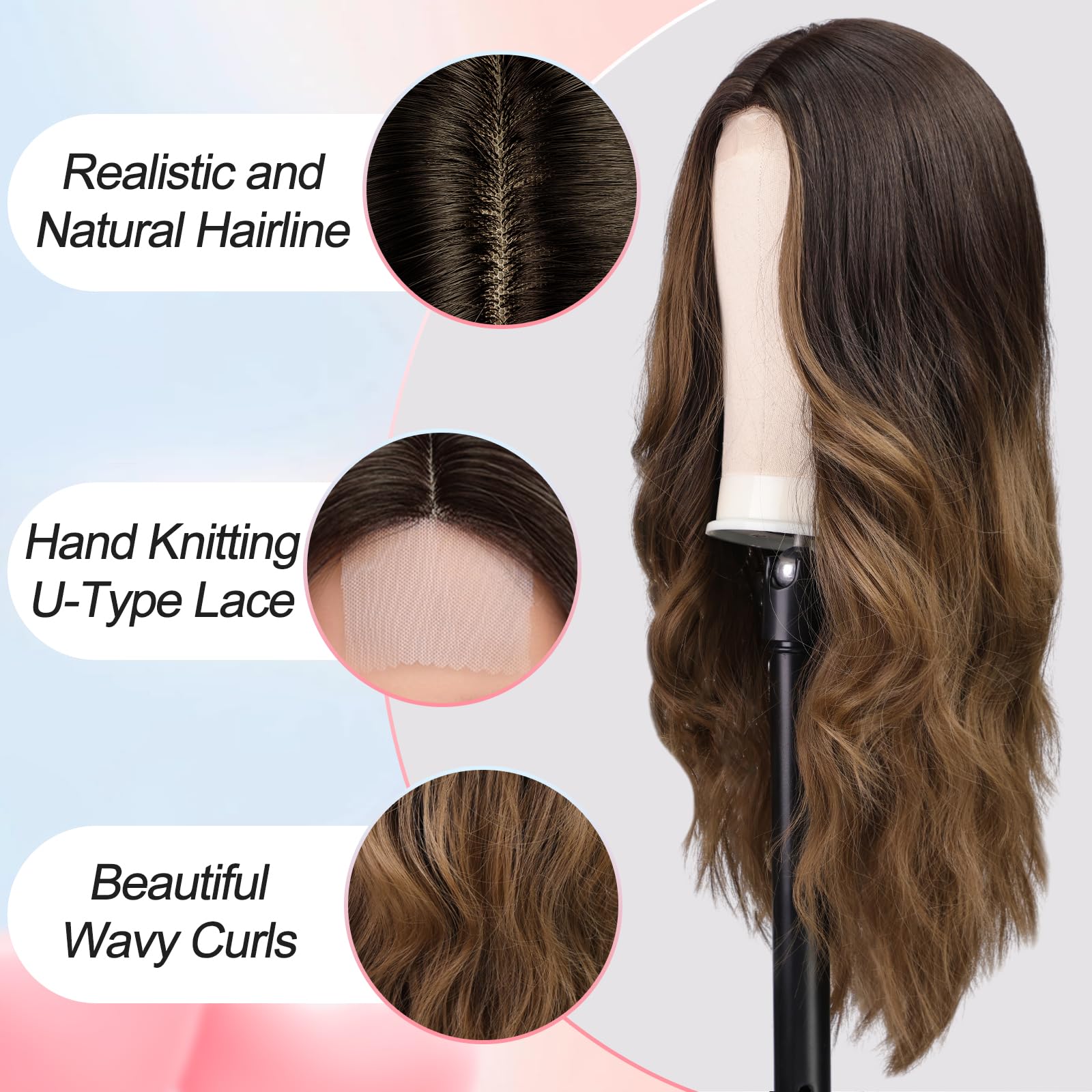 Emmor Long Ombre Brown Wavy Wig For Women Lace Front Wigs Natural Looking 26 Inch Middle Part Curly Wig Heat Resistant Synthetic