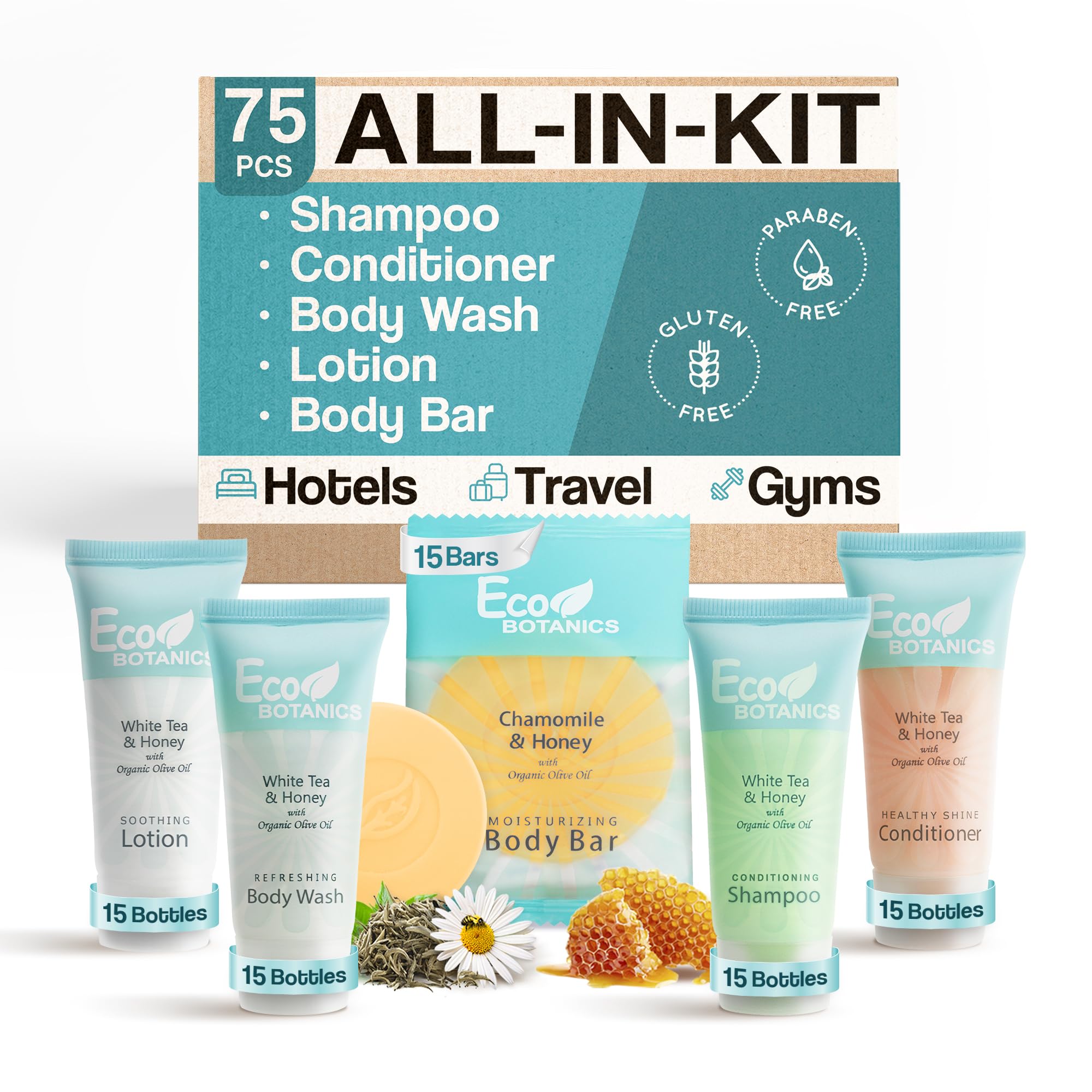 Eco Botanics Hotel Soaps And Toiletries Bulk Set | 1-Shoppe All-In-Kit Amenities |0.85Oz Shampoo & Conditioner, Body Wash, Body