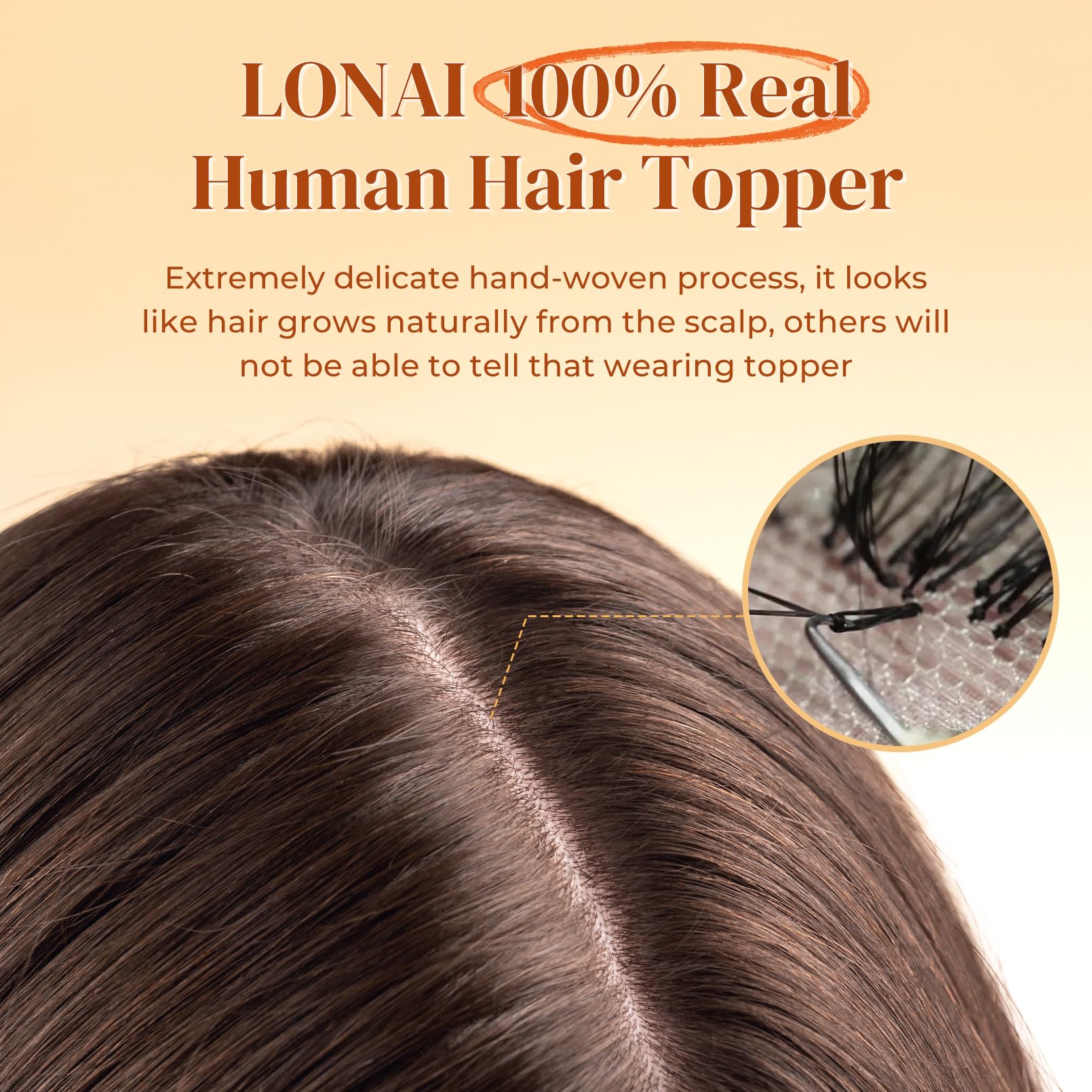 Lonai Real Human Hair Topper, 10 Inch 100% Human Hair Toppers For Thinning Hair, Large Hand-Woven Area Coverage Natural Hairpiec