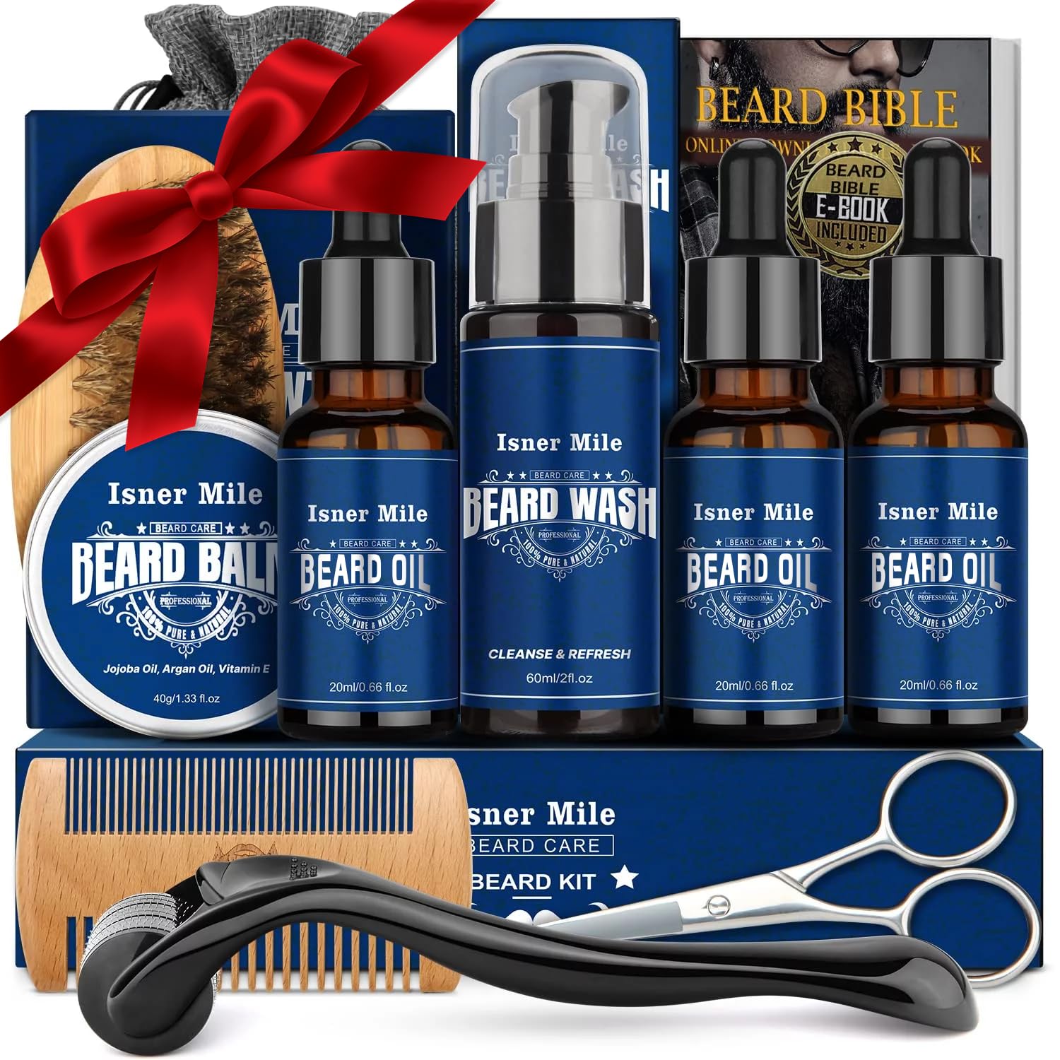 Isner Mile Beard Grooming Kit, Beard Oil, Beard Balm, Beard Brush, Beard Wash, Beard Comb, Beard Scissors, Bag, E-Book - Valenti