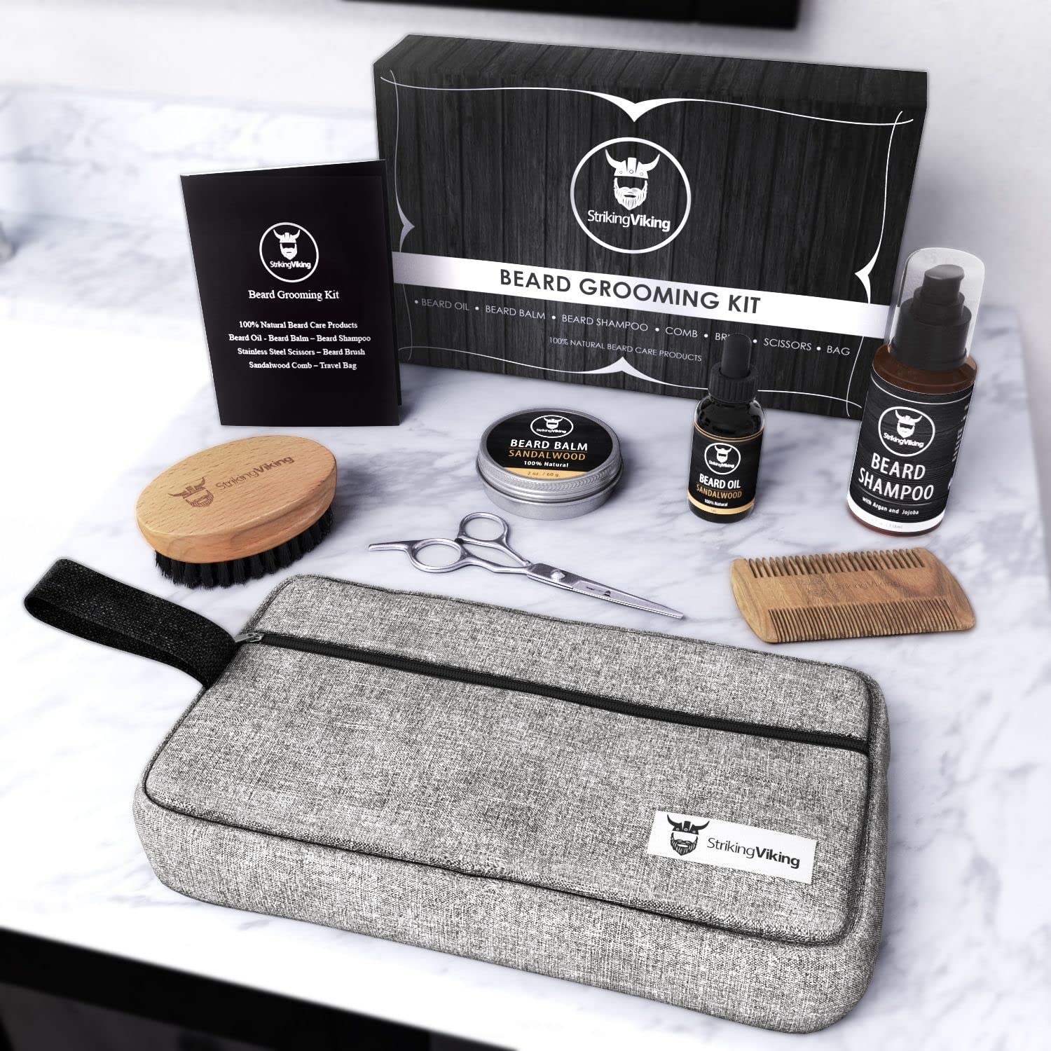 Striking Viking Grooming Kit - Premium Care Products For Men With Beard Shampoo, Oil, Balm Butter, Brush, Wooden Comb, Mustache