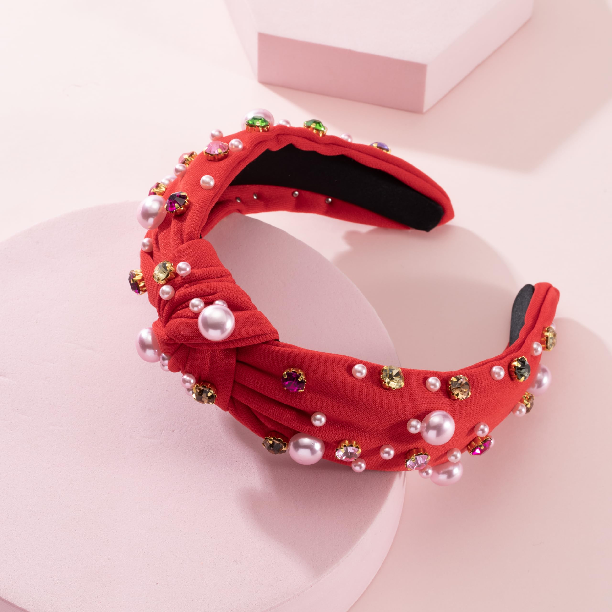 Mixcbe Valentines Day Pearl Headband For Women Holiday Red Pink Crystal Jeweled Knotted Headband Red Wide Top Knot Headband Vale