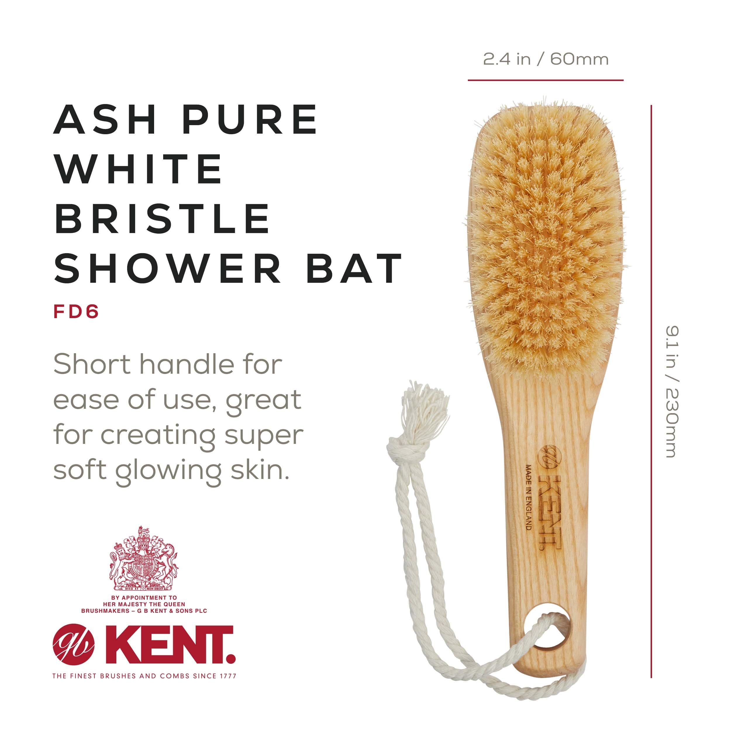 Kent Fd6 9'' Beechwood Wood Short Handle Shower Bath Body Brush. For Skin Exfoliate & Massage. 100% White Boar Bristles. Best Bo