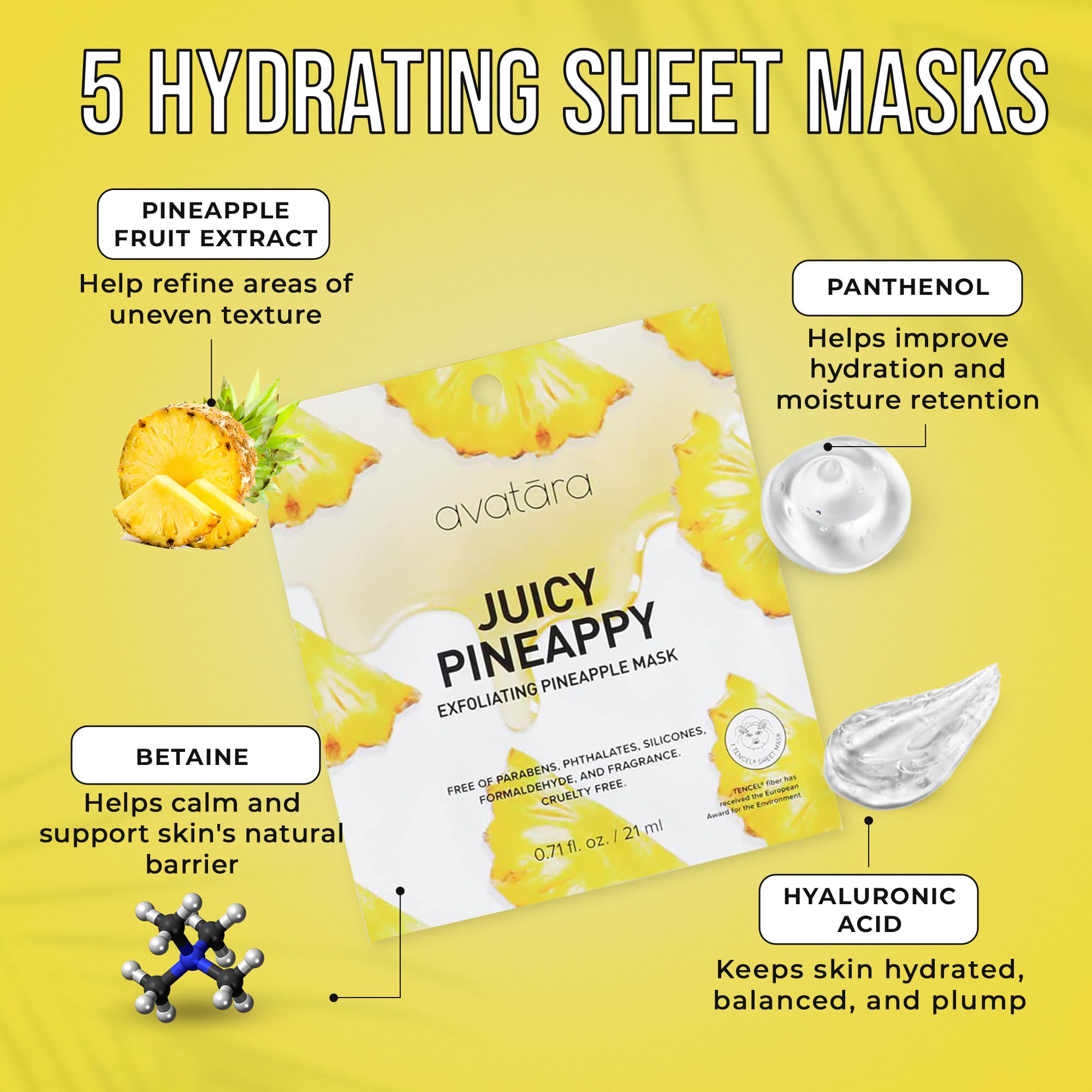 Avatara Juicy Pineappy Exfoliating Facial Mask 5 Sheets, Beauty And Skincare Sheet Masks, Pineapple Extracts And Clean Ingredien
