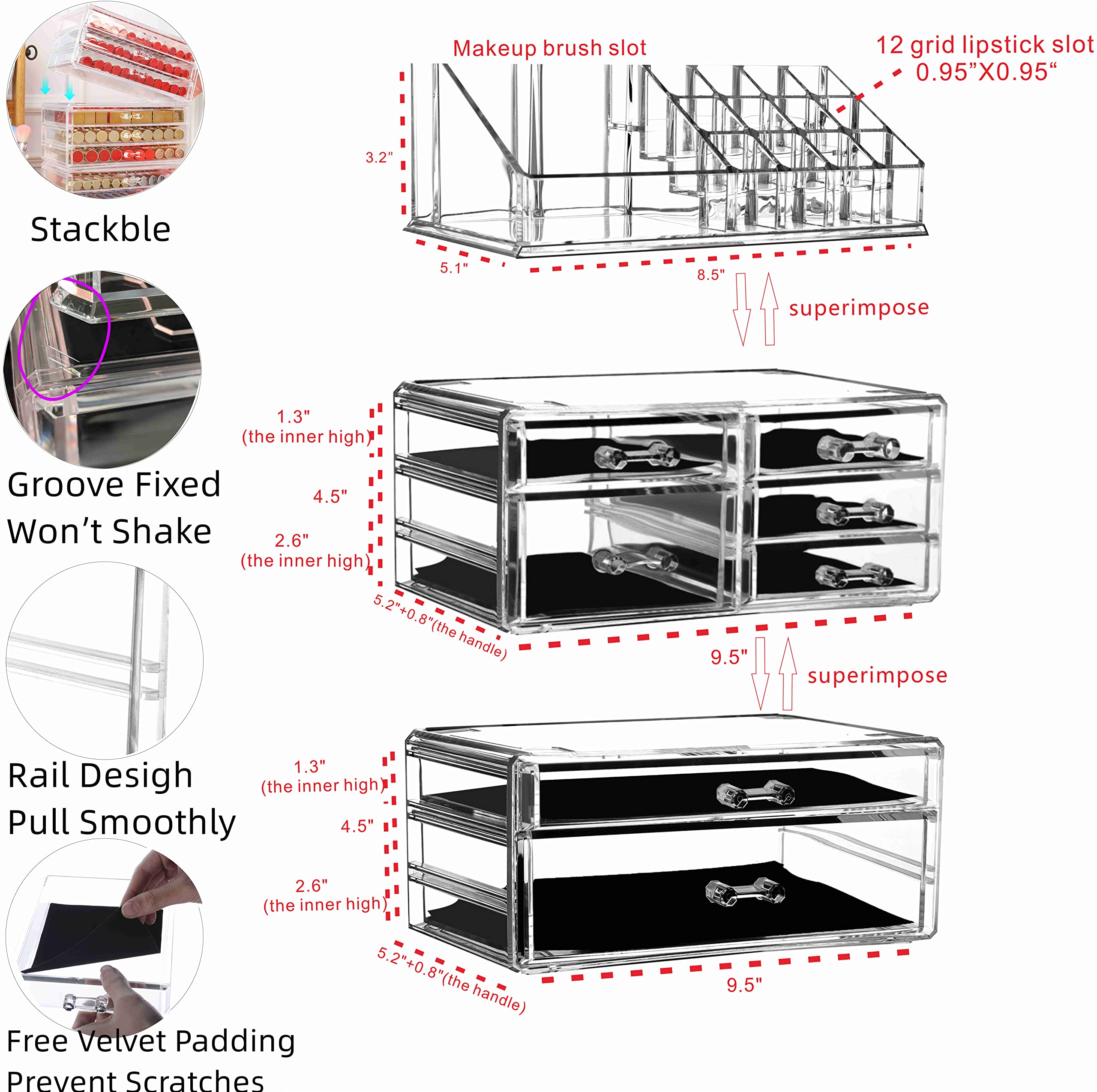 Cq acrylic 3 Pack Clear Skincare Organizer for Vanity, Stackable 7 Drawers Make Up Organizer,Cute Cosmetic Organizer for Vanity