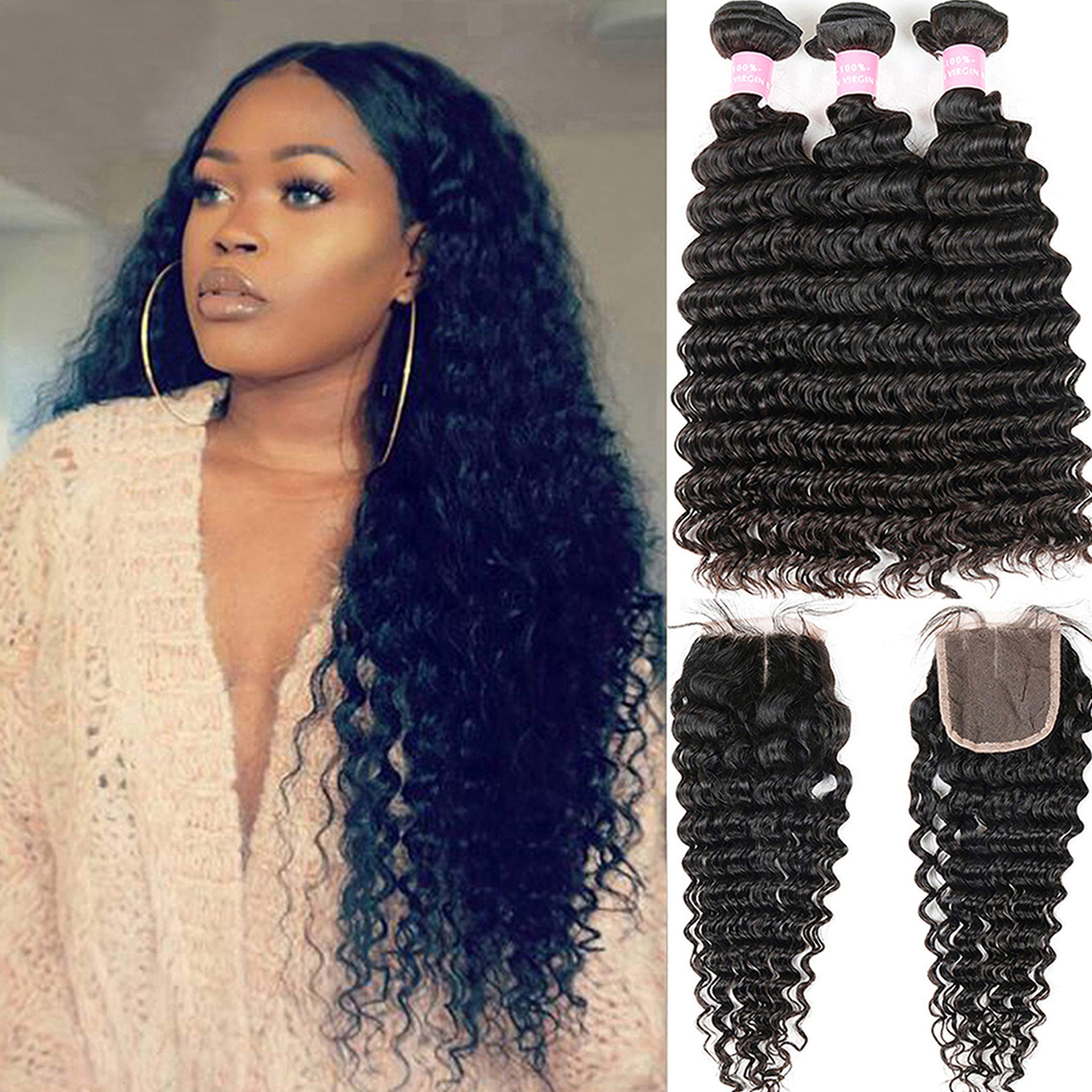 Brazilian Deep Wave 9A Unprocessed Virgin Hair 3 Bundles with Middle Part Lace Closure 4  4 Lace Mixed Length Hair Bundles Natur