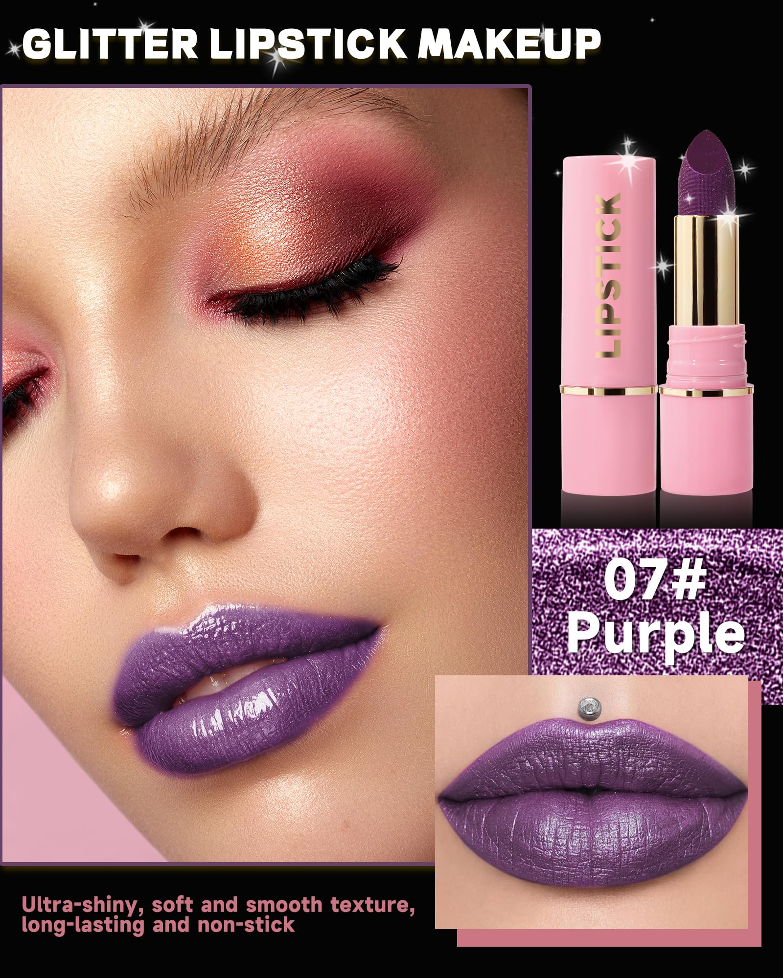 Diamond Glitter Matte Lipstick,Purple Plum Metallic Shimmer Lip Gloss Lip Tint,Longlasting Waterproof Non-Stick Lip Color,Full C