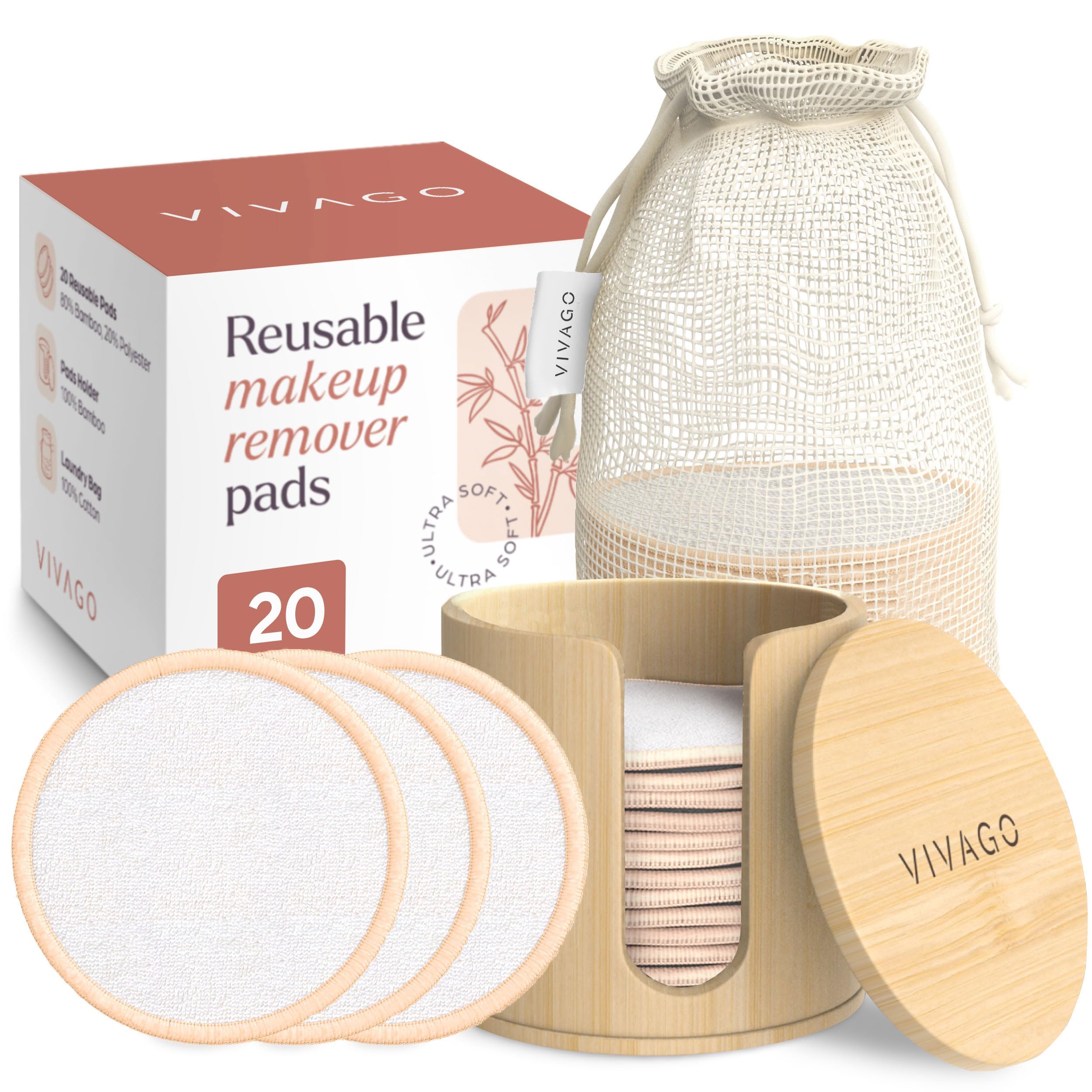 Vivago Reusable Cotton Rounds For Face - (20 Pack) Soft Reusable Makeup Remover Pads With Washable Drawstring Laundry Bag & Bamb