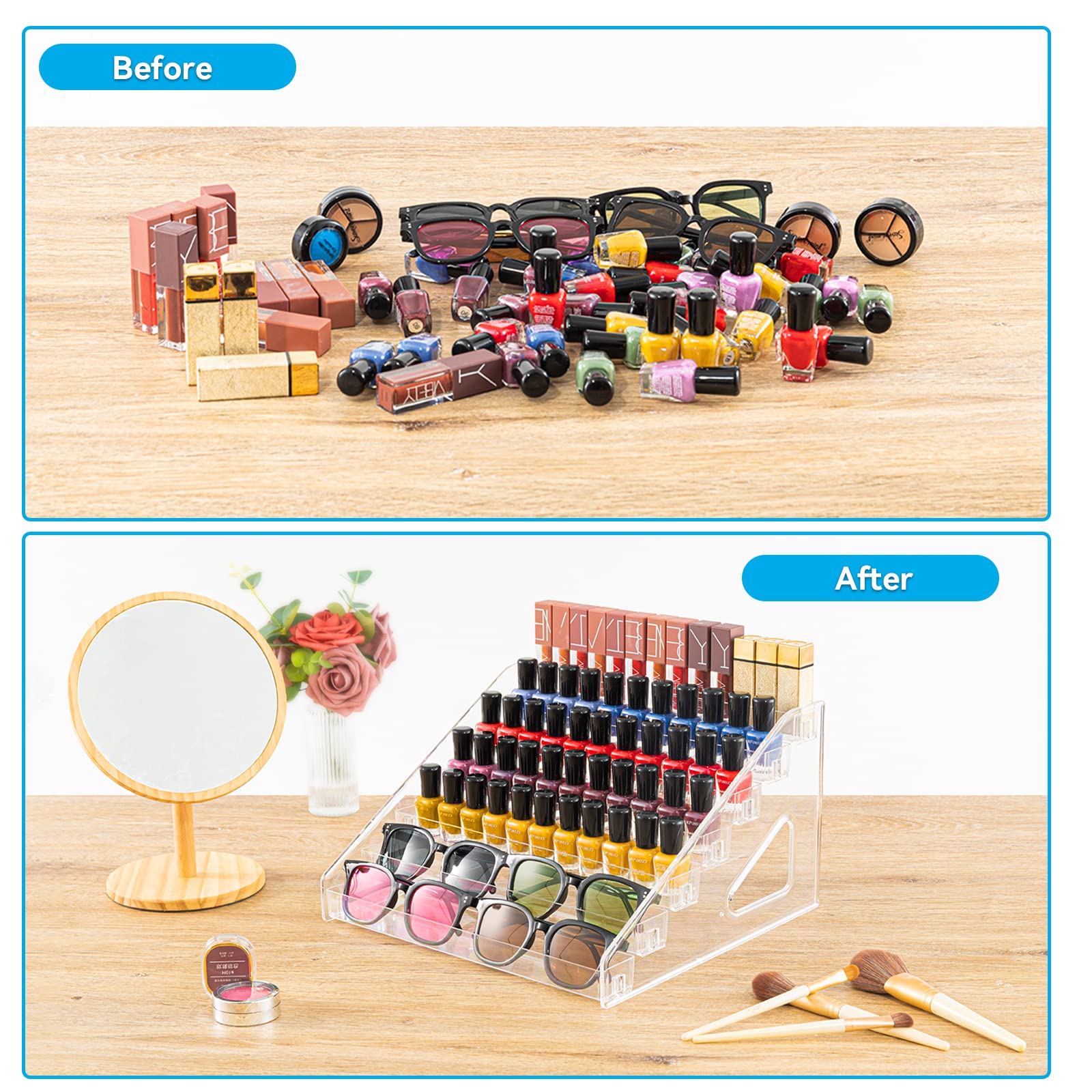 Pero Pero Sunglass Organizer 5 Layers Acrylic Nail Polish Organizer 60 Bottles - Clear Makeup Organizer For Makeup Palette Essen