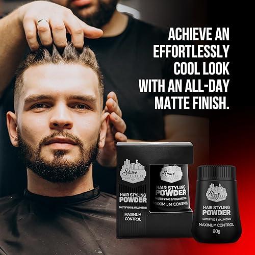 The Shave Factory Hair Styling Powder, Mattifying & Volumizing, 21g, Black, Model TS-9030-V, Flexible Hold for Professional Barbers