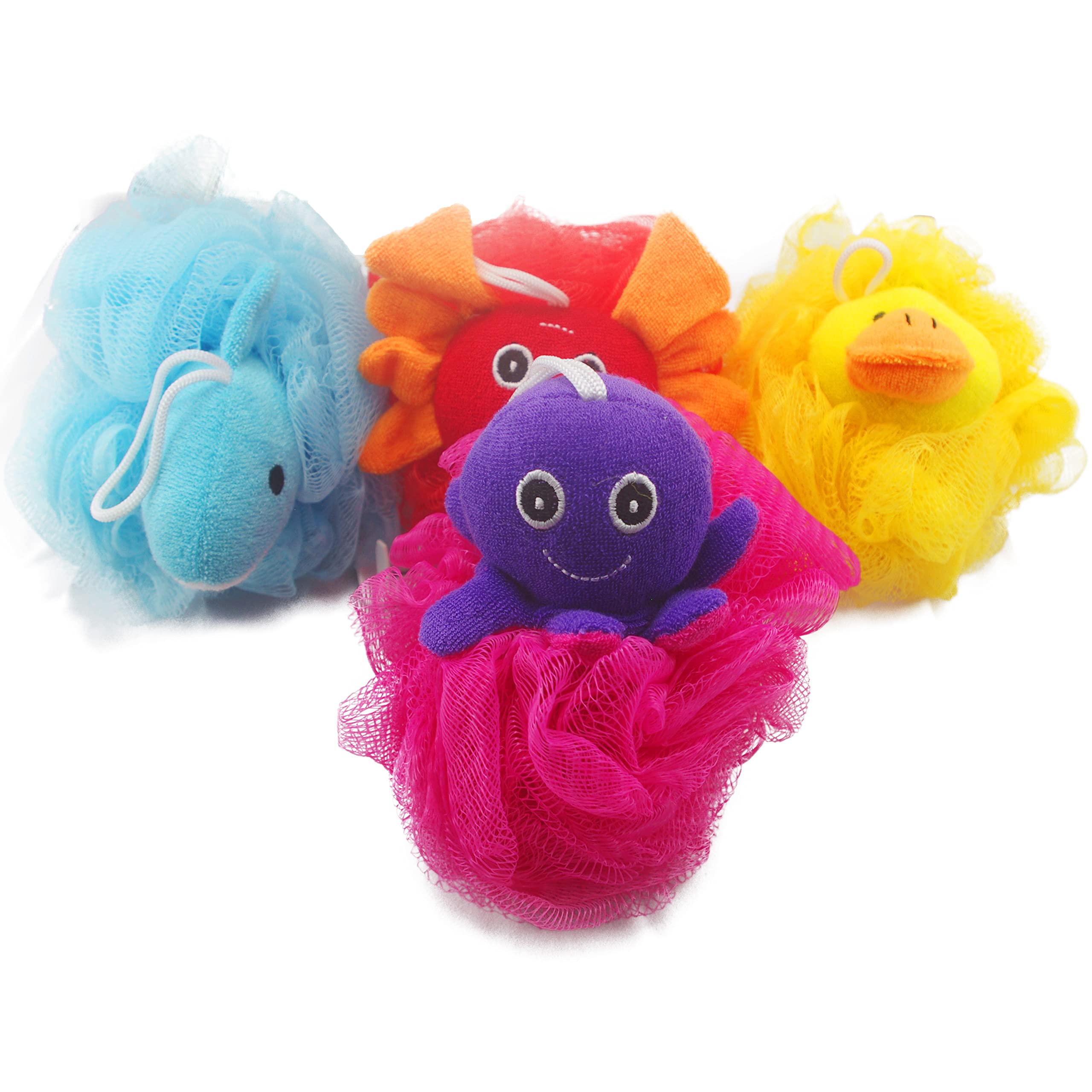 Loofah Exfoliating Shower Stuffed Sponge Pouf Mesh Brush With Animal Toys - Bath Spa Puff Scrubber Ball - Body Poof For Children