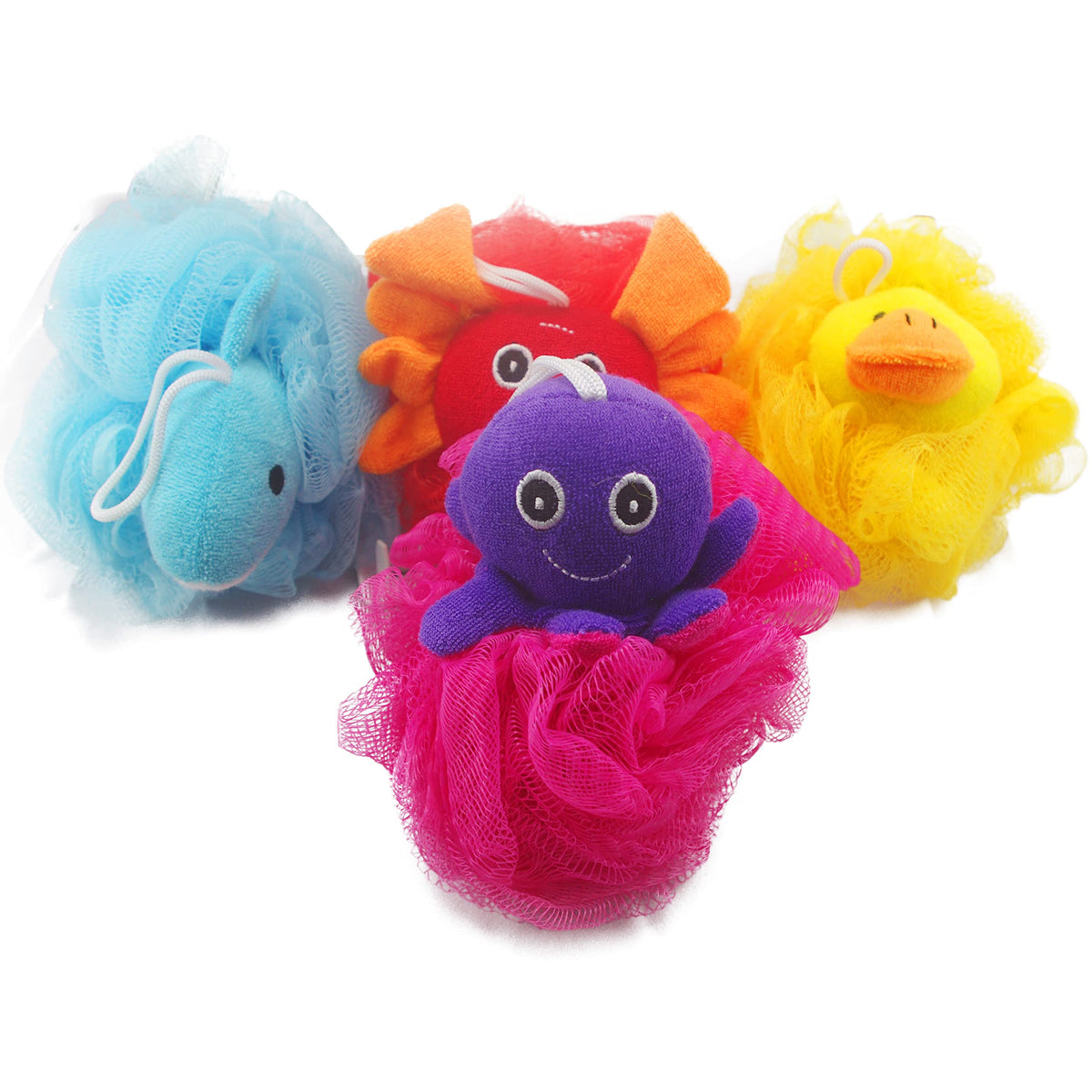 Loofah Exfoliating Shower Stuffed Sponge Pouf Mesh Brush With Animal Toys - Bath Spa Puff Scrubber Ball - Body Poof For Children