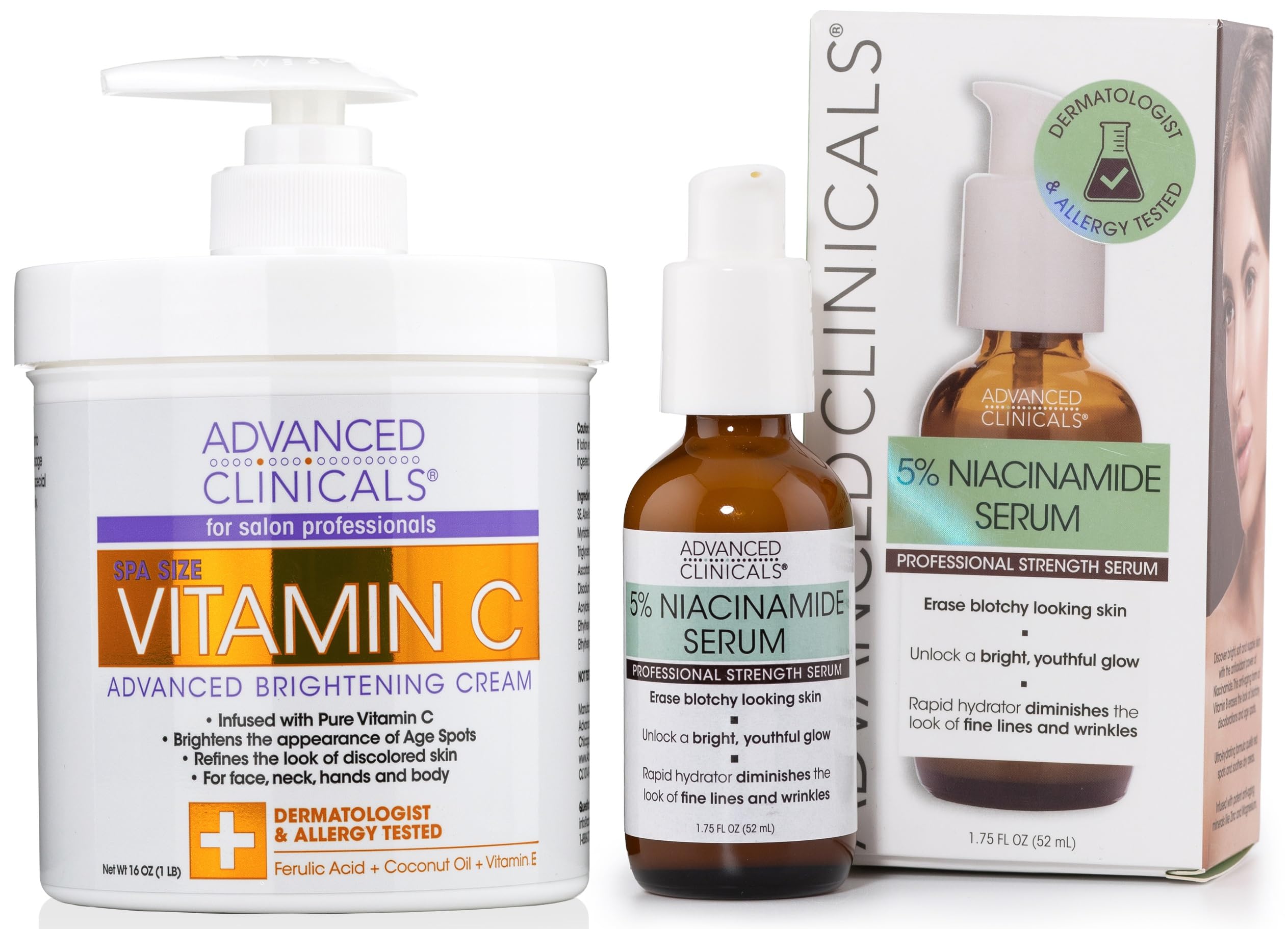 Advanced Clinicals Brightening Vitamin C Cream + 5% Niacinamide Serum W/Hyaluronic Acid 2Pc Set | Vitamin C Body Lotion Moisturi