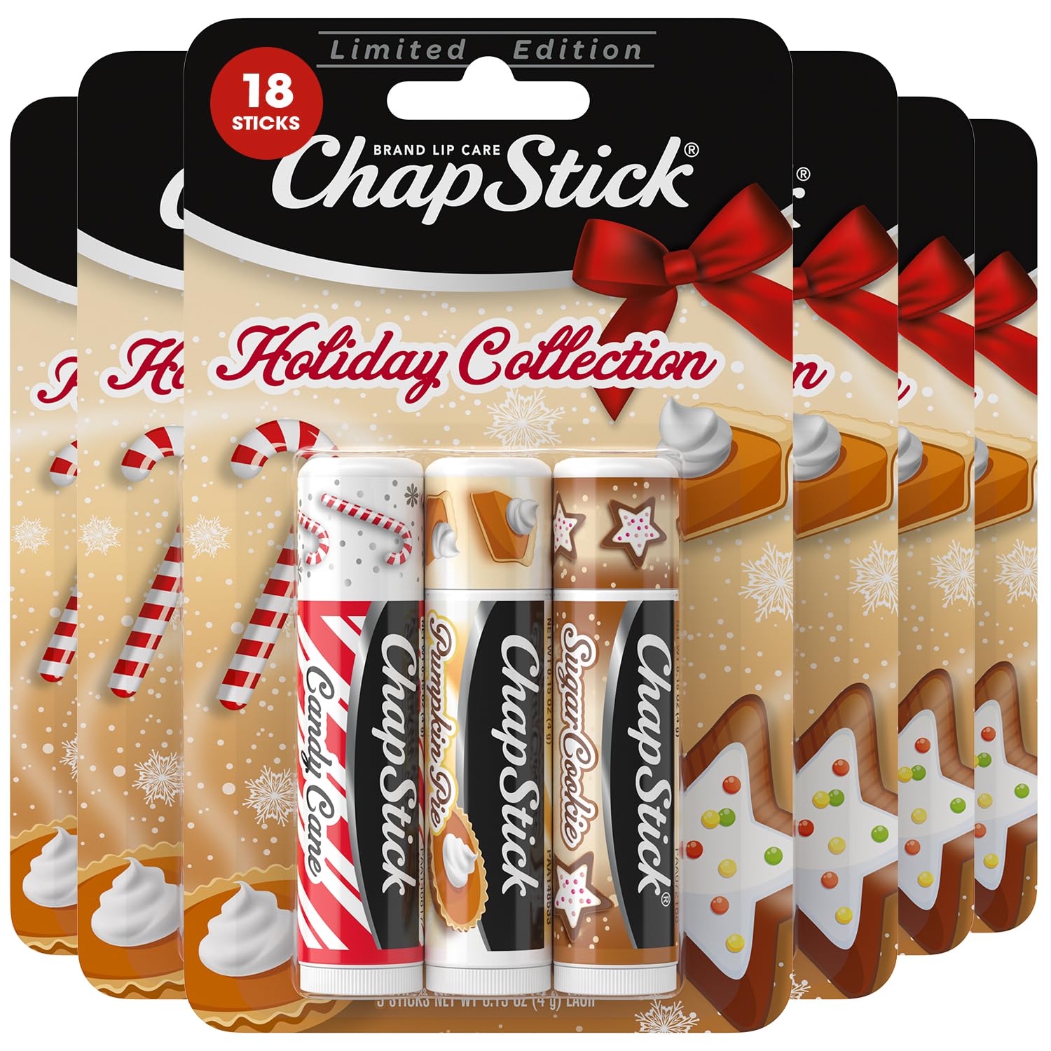 ChapStick Bulk Lip Balm, Holiday Variety 3-Packs x 6 (18 Sticks) - Candy Cane, Sugar Cookie, and Pumpkin Pie Flavored Lip Moistu