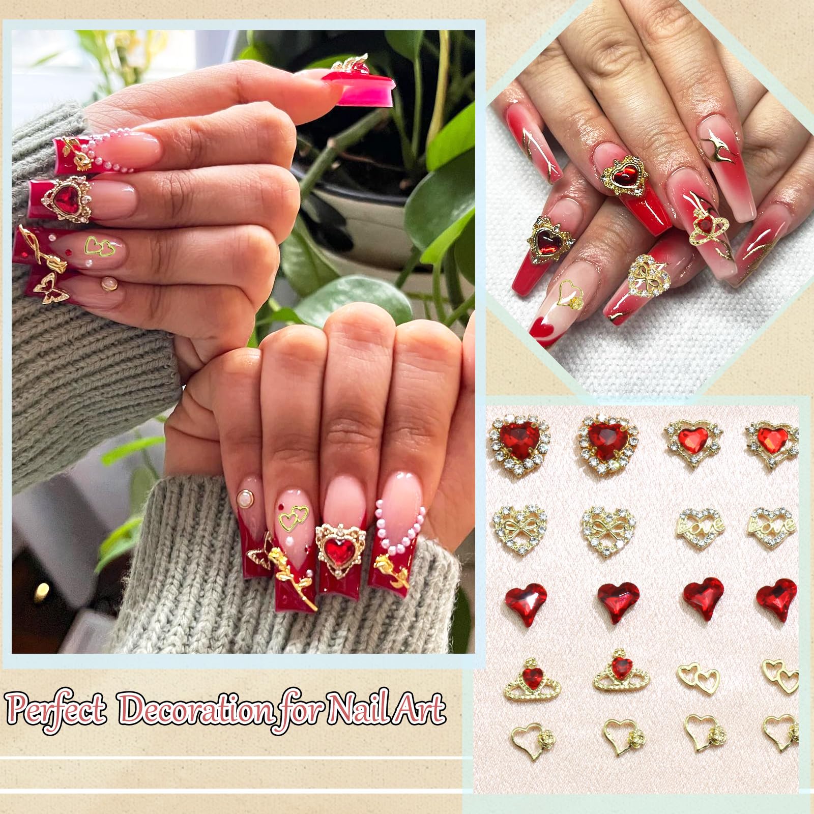 Rodaky 40Pcs Heart Nail Charms Valentine'S Day Nail Art Jewelry Red Crystal Rhinestone Nail Gems Metal Heart Charms For Acrylic