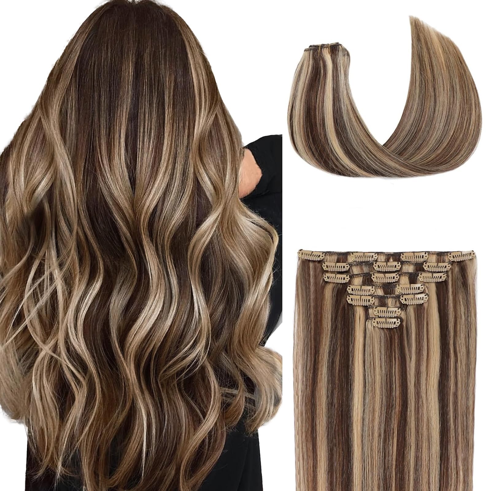 Befana Clip in Hair Extensions Real Human Hair,14 Inch 7 Pieces 70g #P4/27 Brown to Caramel Blonde Clip in Hair Extensions,Natur